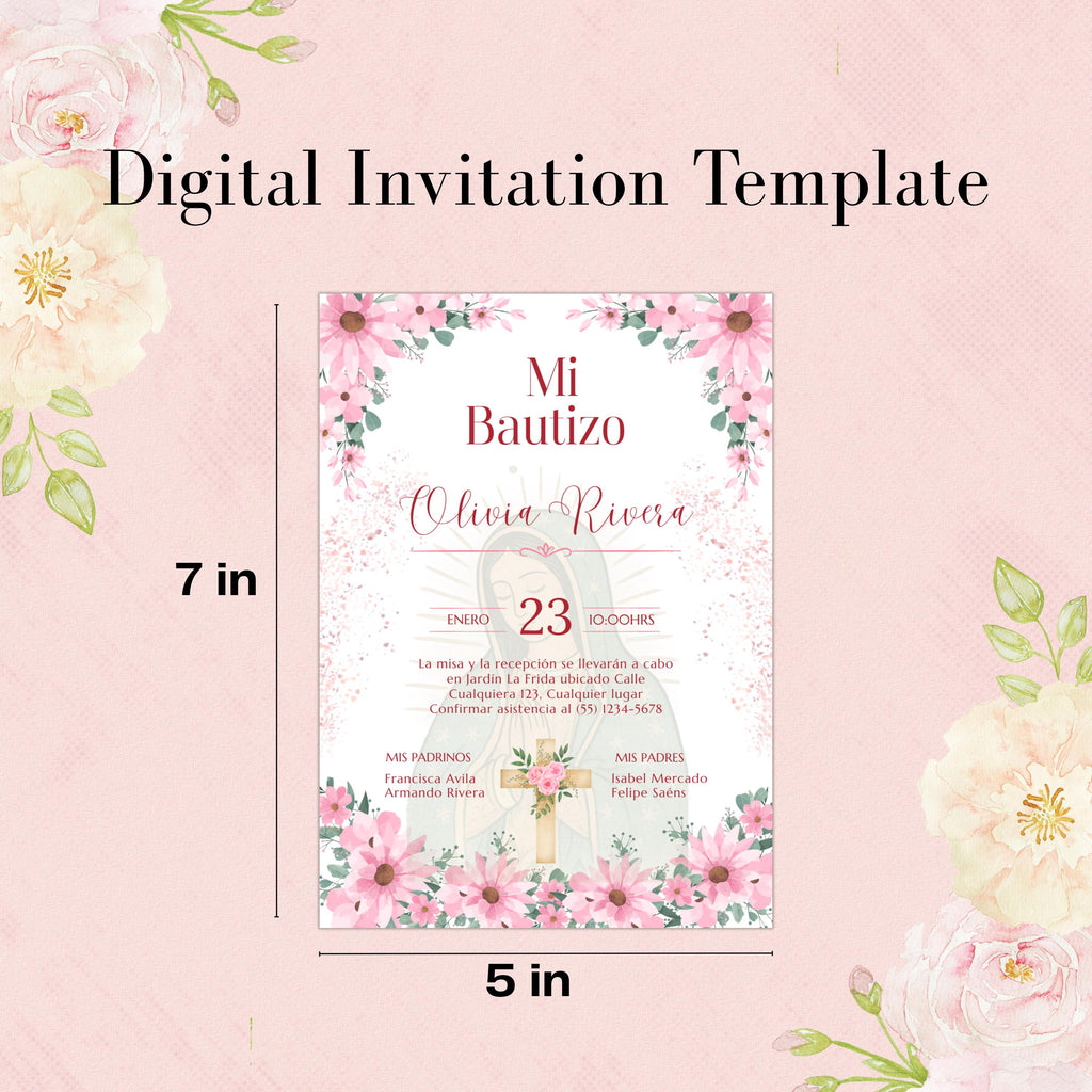 Editable Spanish Baptism Invitation Template, Mi Bautizo Pink Floral Invite, Virgen de Guadalupe