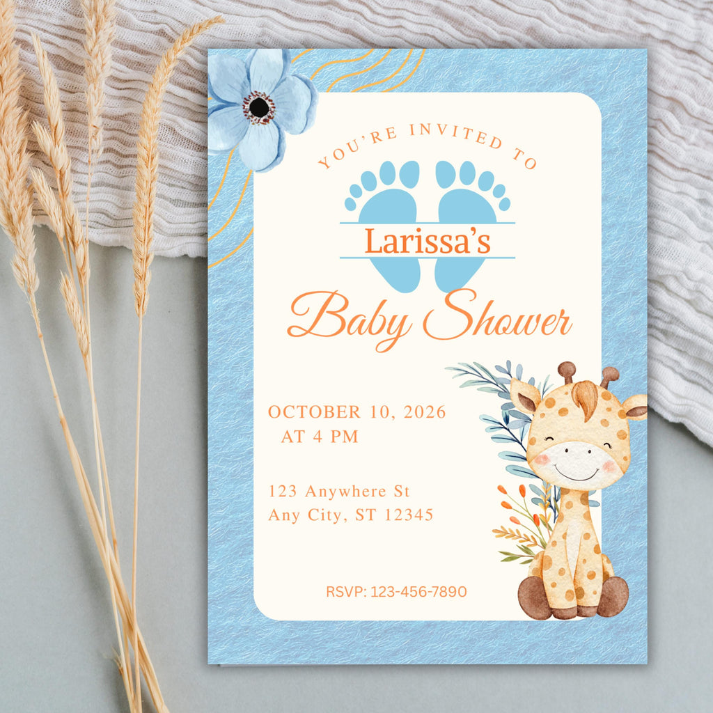 Editable Baby Shower Invitation, Blue Floral Boy Invite, Canva Personalized Template, Digital Download