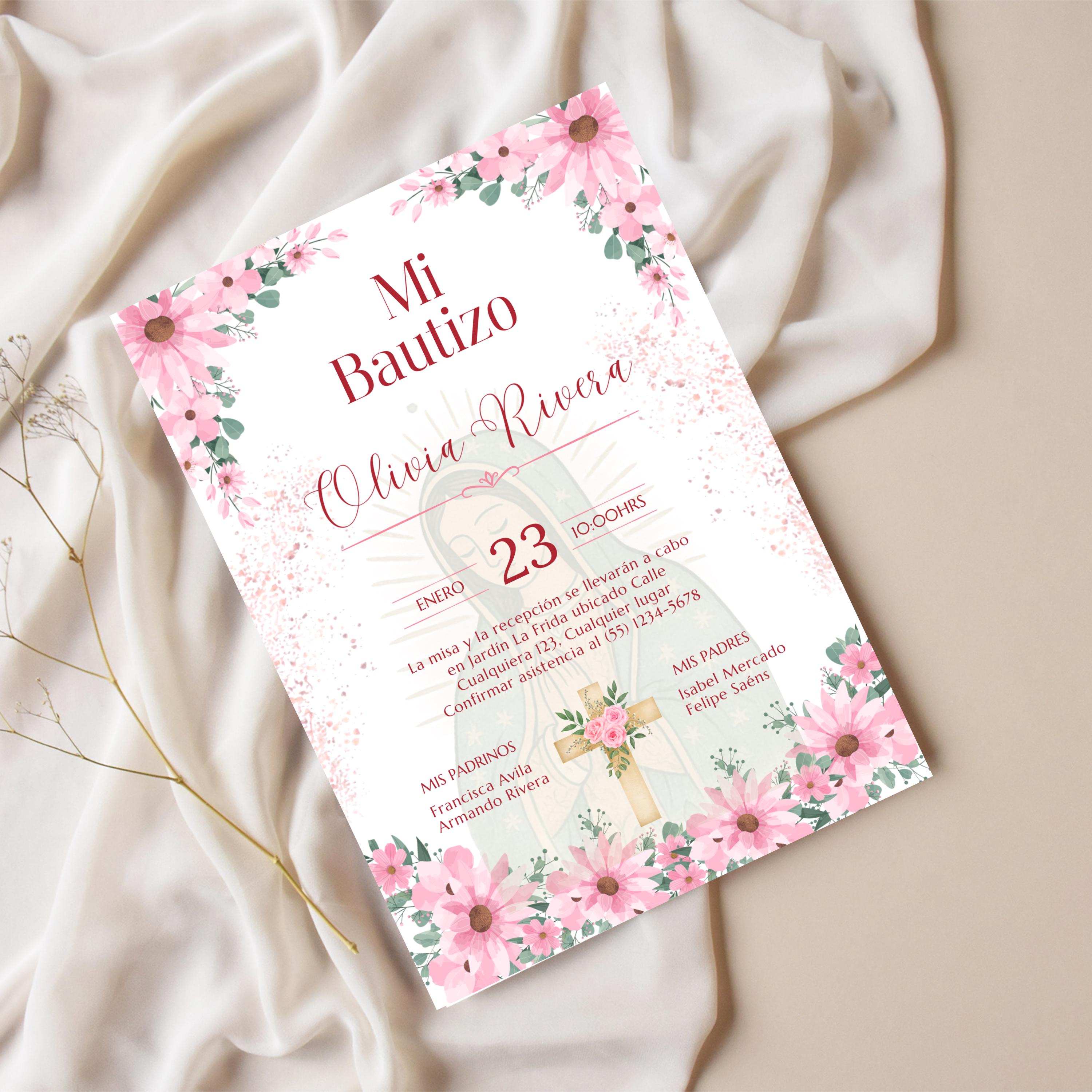 Editable Spanish Baptism Invitation Template, Mi Bautizo Pink Floral Invite, Virgen de Guadalupe
