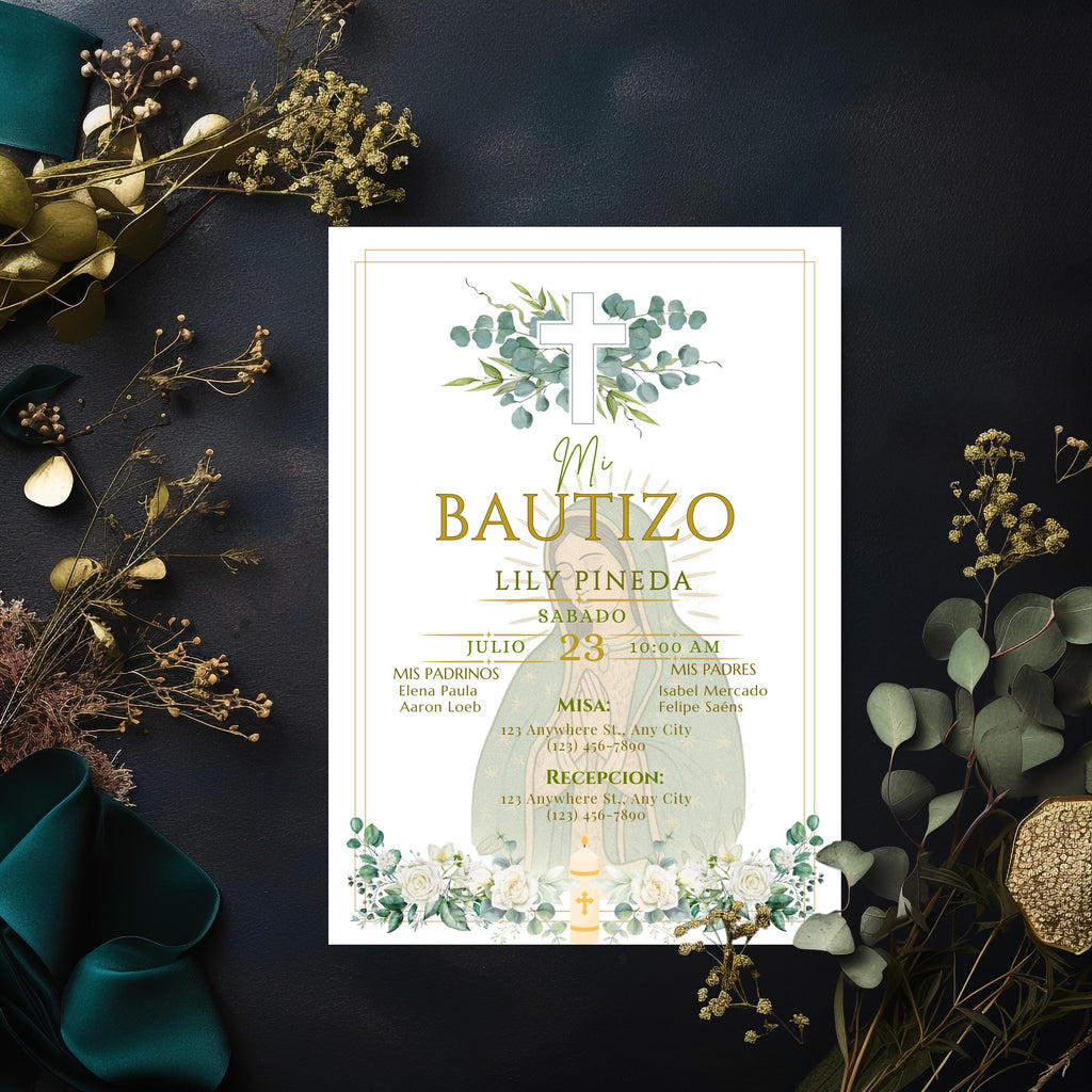 Virgin of Guadalupe Baptism Invitation, Floral Spanish Bautismo (PDF File)