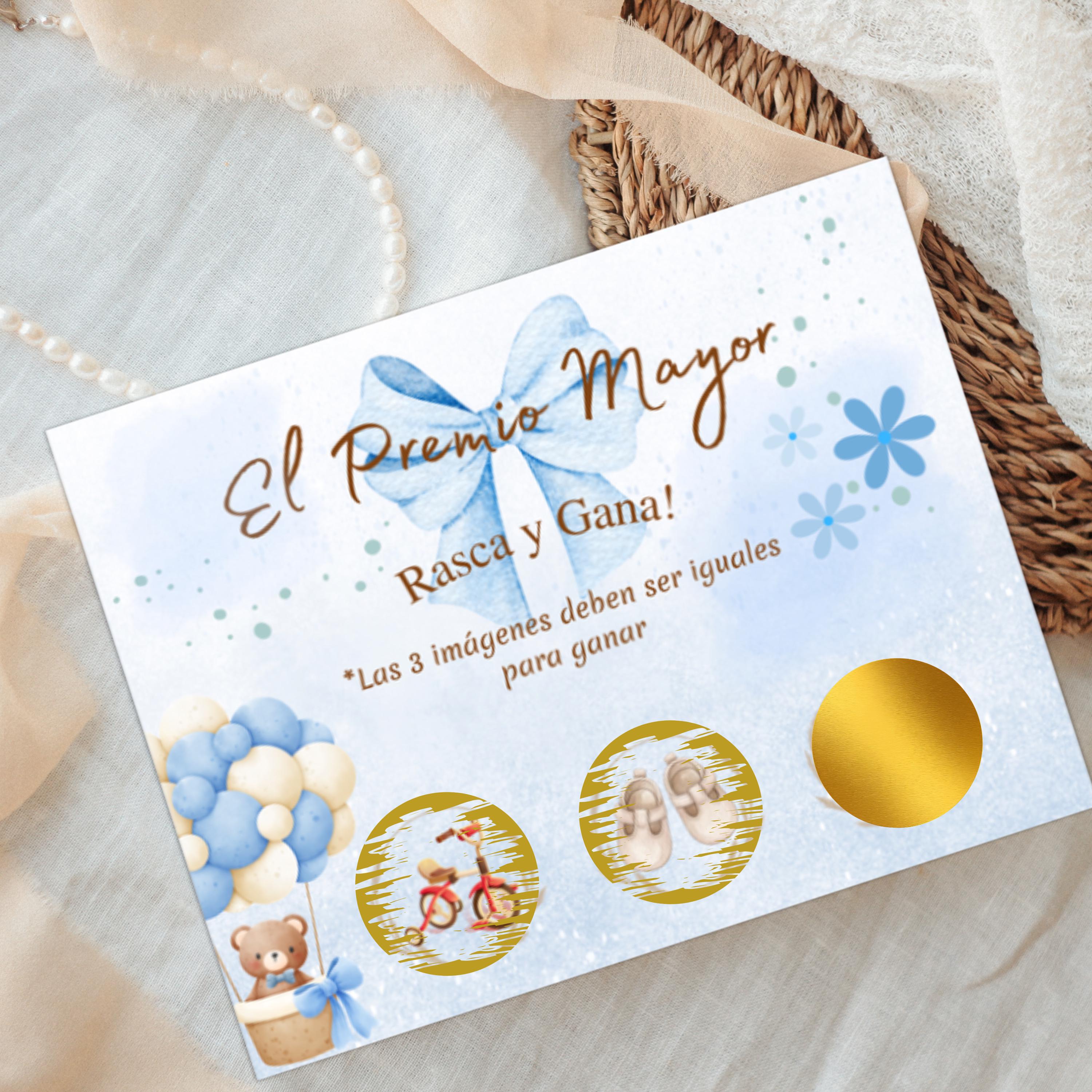 Spanish Baby Shower Jackpot, El Premio Mayor Scratch-Off Cards, Blue Baby Boy Party Game