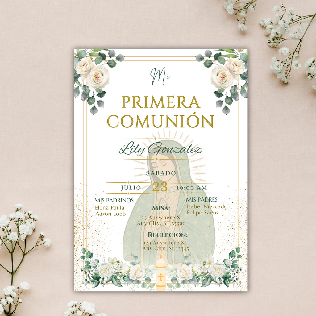Spanish First Communion Invitation, Mi Primera Comunion Virgen de Guadalupe, Editable Invite Religious Event