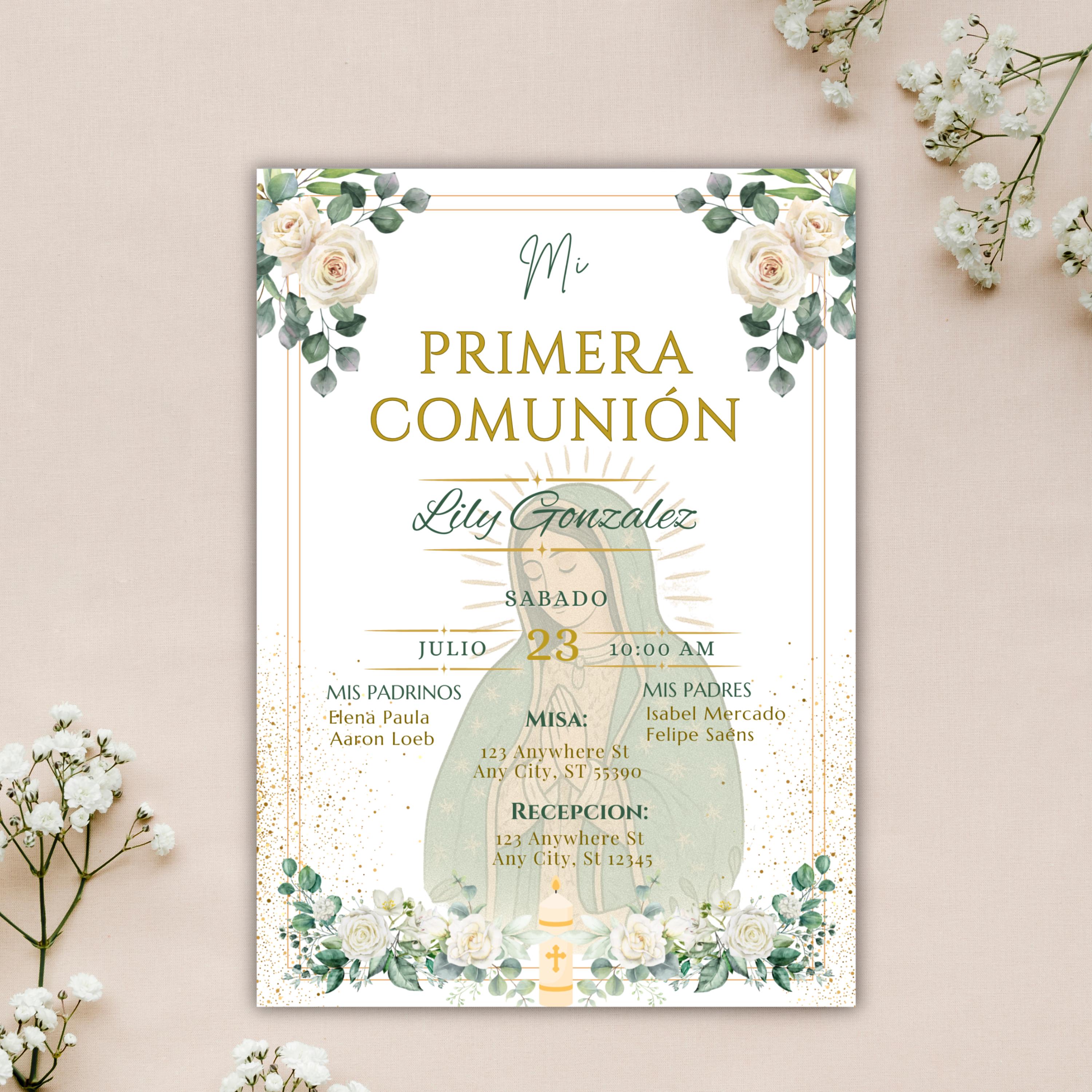 Spanish First Communion Invitation, Mi Primera Comunion Virgen de Guadalupe, Editable Invite Religious Event