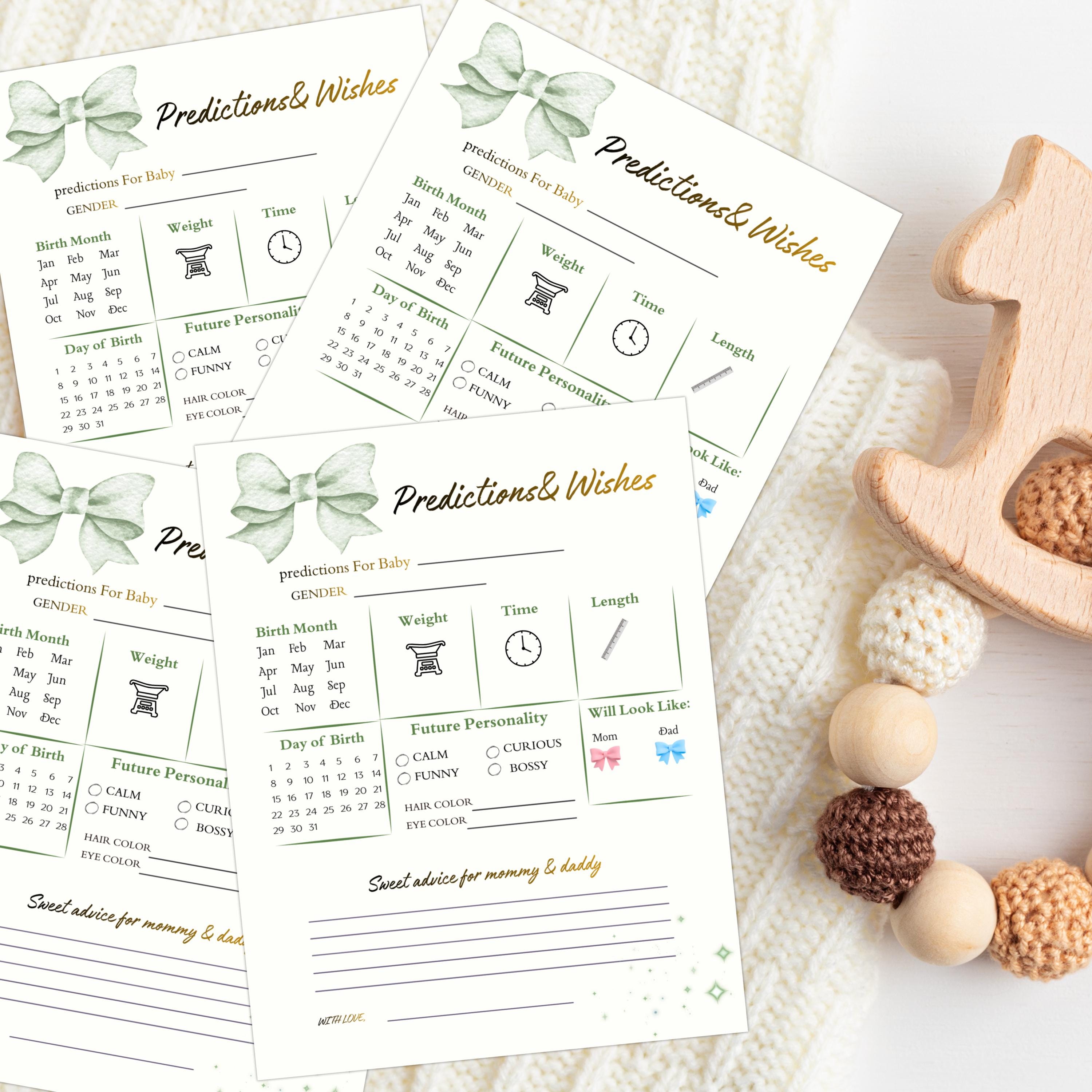 Baby Shower Predictions and Wishes Card Set,  Gender Neutral Green Advice Cards For Parents
