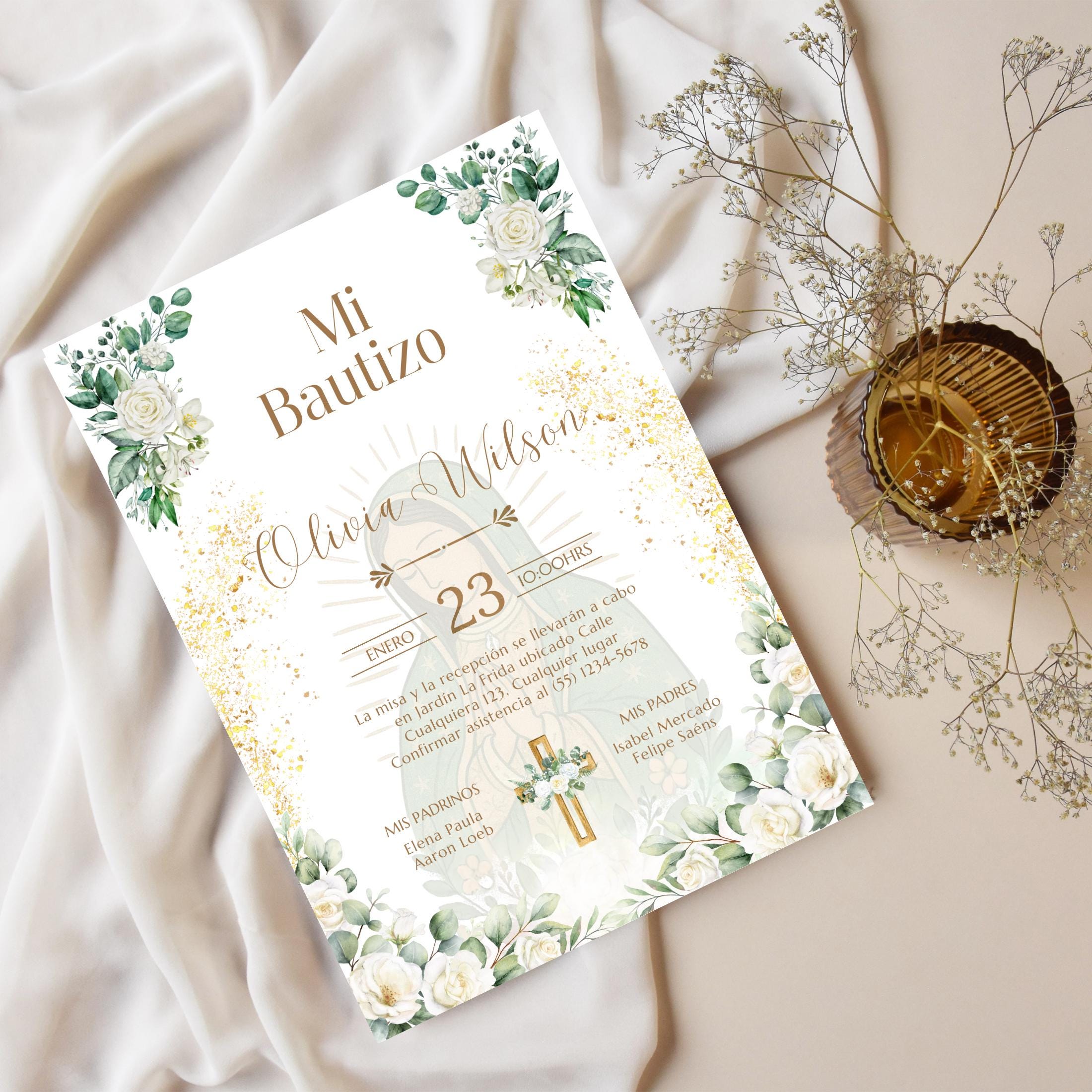 Invitacio de Bautizo Para Nina o Nino, Virgen de Guadalupe Boho Floral Invite Design