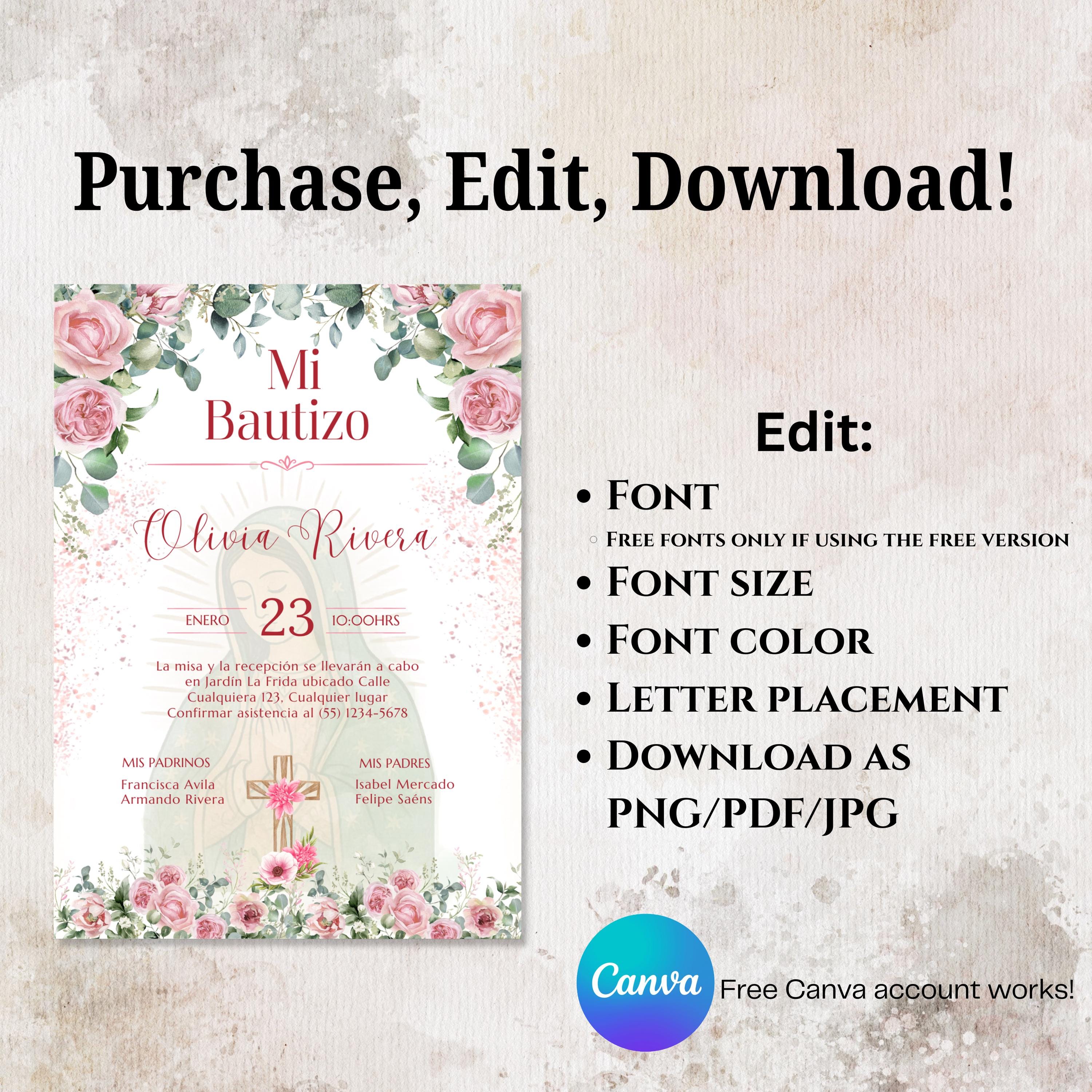 Pink Floral Spanish Baptism Invitation, Editable Elegant Christening Template, Pink Roses Invite For Girl