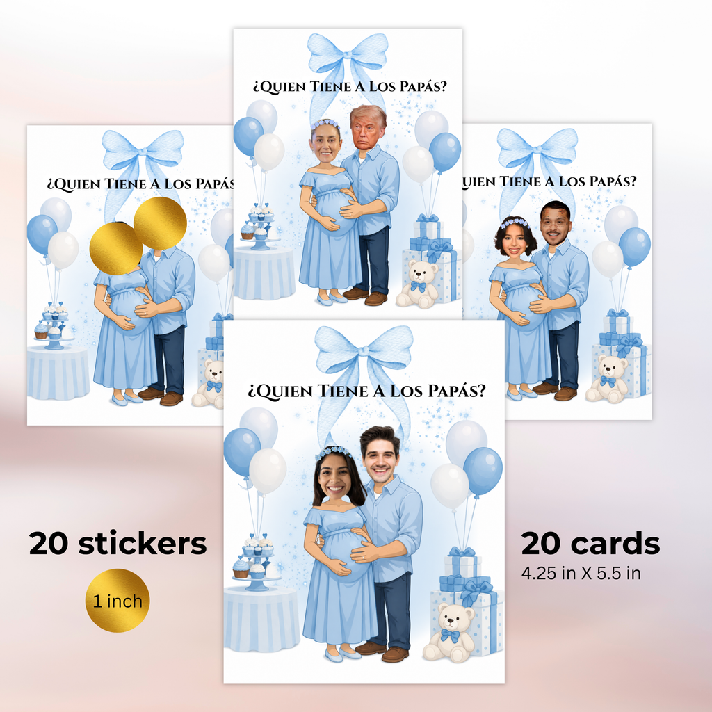 Quien Tiene A Los Papás? Spanish Baby Shower Game, Blue Scratch Cards For Baby Boy Game, Find The Parents Game