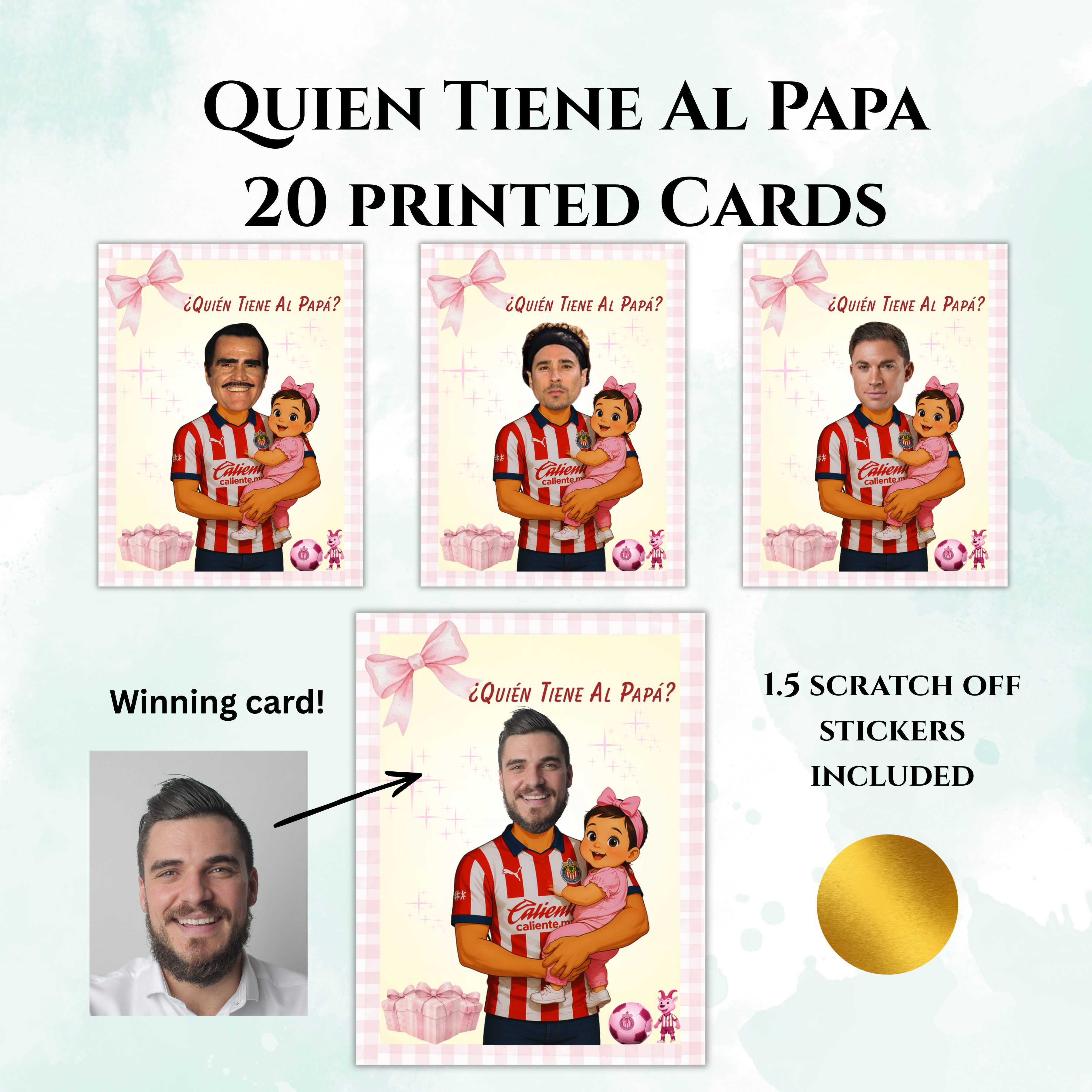 Quien Tiene al Papá Las Chivas Theme Baby Shower Game, Pink and Yellow Who Has The Dad Spanish Scratch Off Cards For Baby Girl Shower
