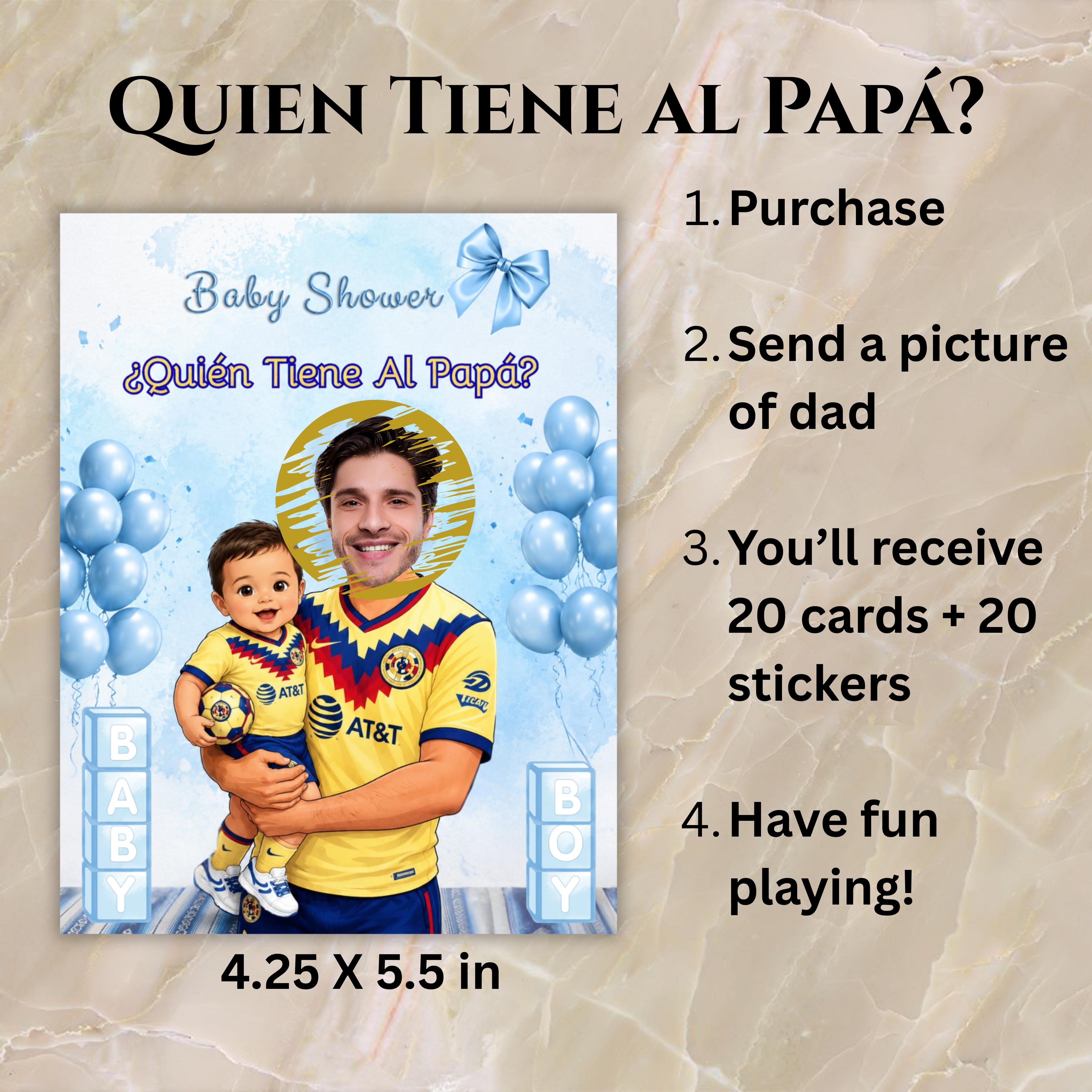 Baby Shower Game Quien Tiene Al Papa Featuring El America Soccer Jersey, Blue Cards For Boy Baby Shower, Who Has The Dad Spanish Scratch off Game