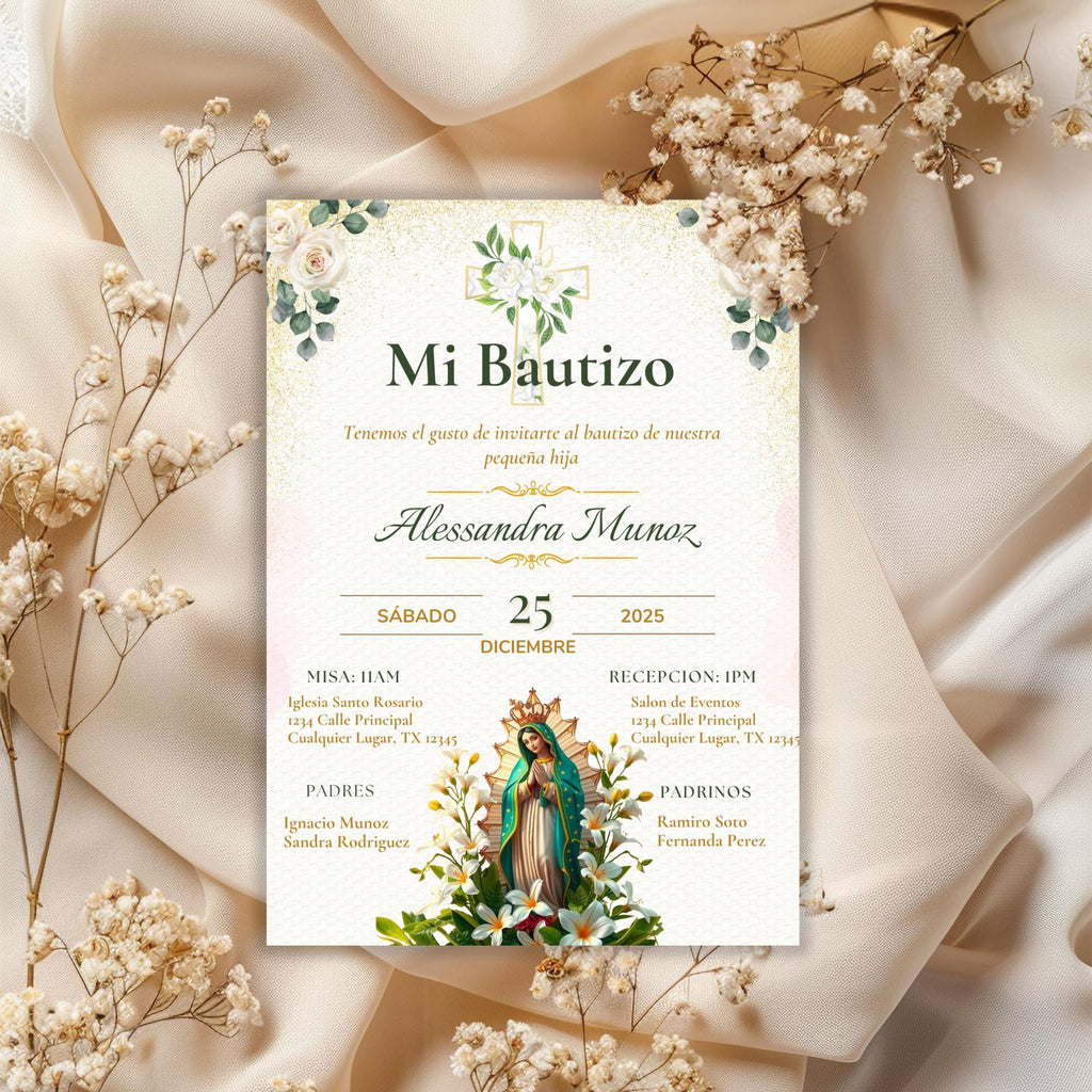 Virgen de Guadalupe Baptism Invitation: Spanish/English Boho Floral Religious Invite (Digital Download)