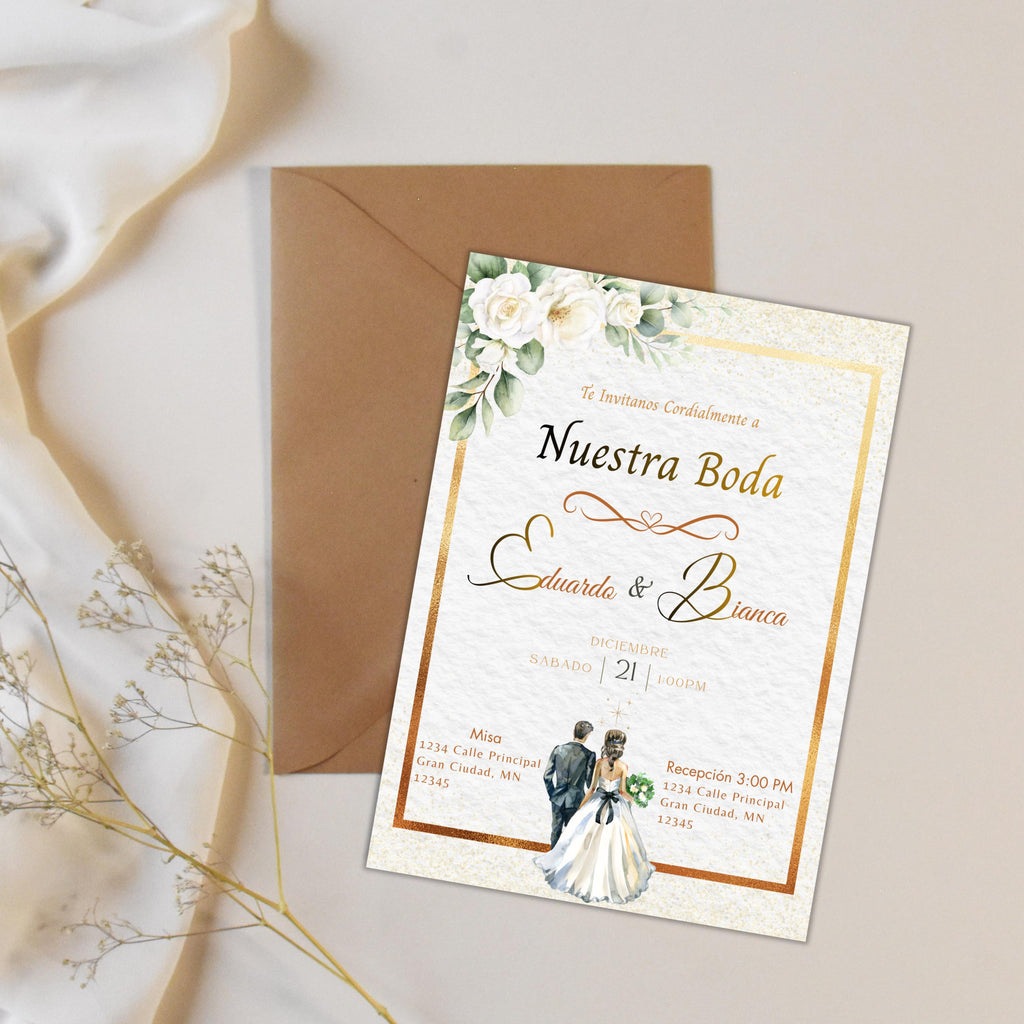 Elegant Spanish Wedding Invitation, Gold Floral design Template, Bilingual Editable Digital Invite