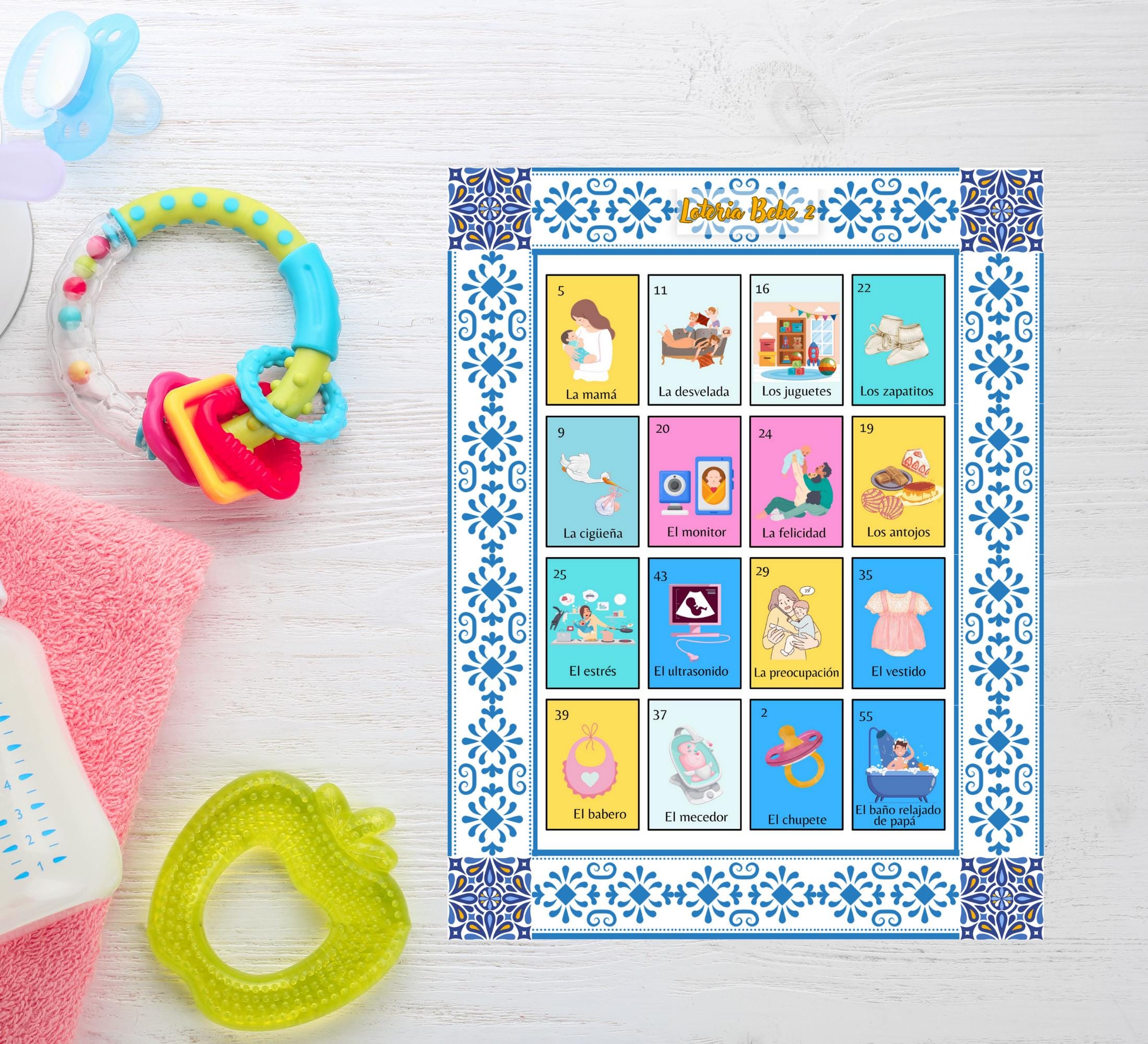 Baby Shower Lotería Game: Talavera Theme, Spanish Juego Fiesta Bebe (PDF Downloadable Cards & Boards)