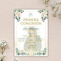 Spanish First Communion Invitation, Mi Primera Comunion Virgen de Guadalupe, Green Floral Editable Invite