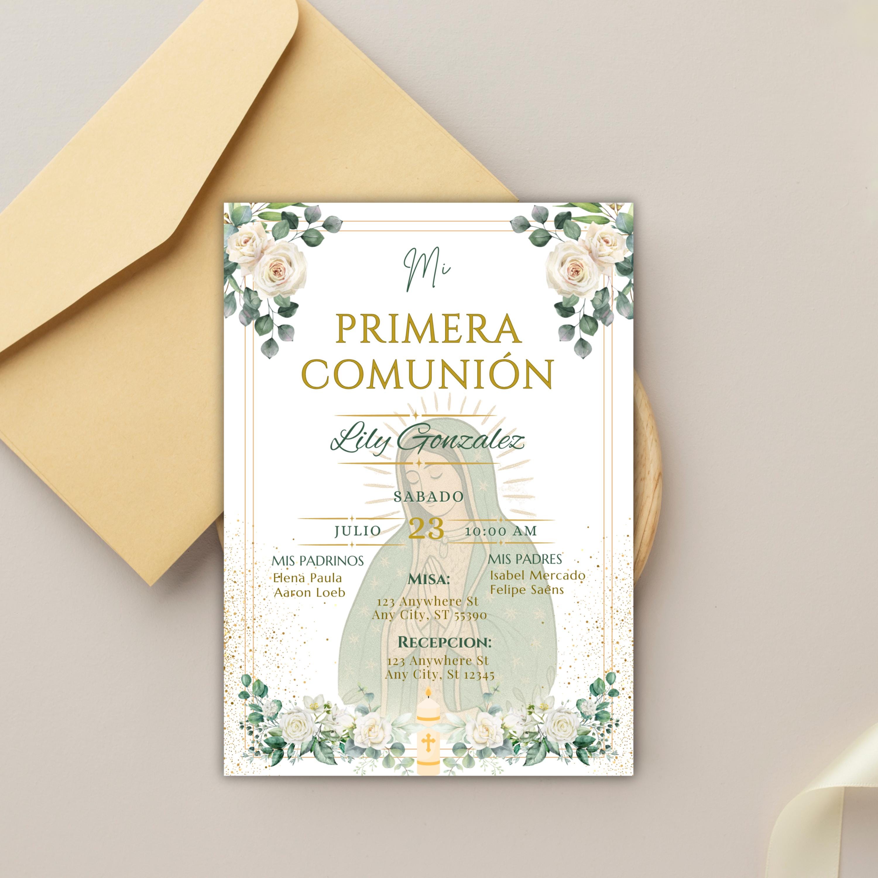 La Virgen De Guadalupe First Communion Invitation: Green & Gold Floral design Invite