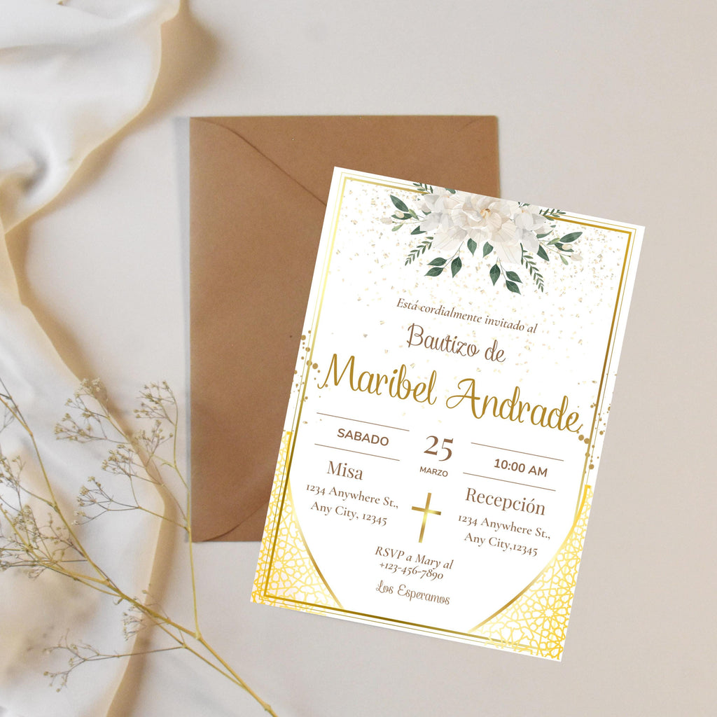 Spanish Gold Baptism Invitation Template, Mi Bautizo Elegant 5x7 Digital Invite, Printable Christening Invitation