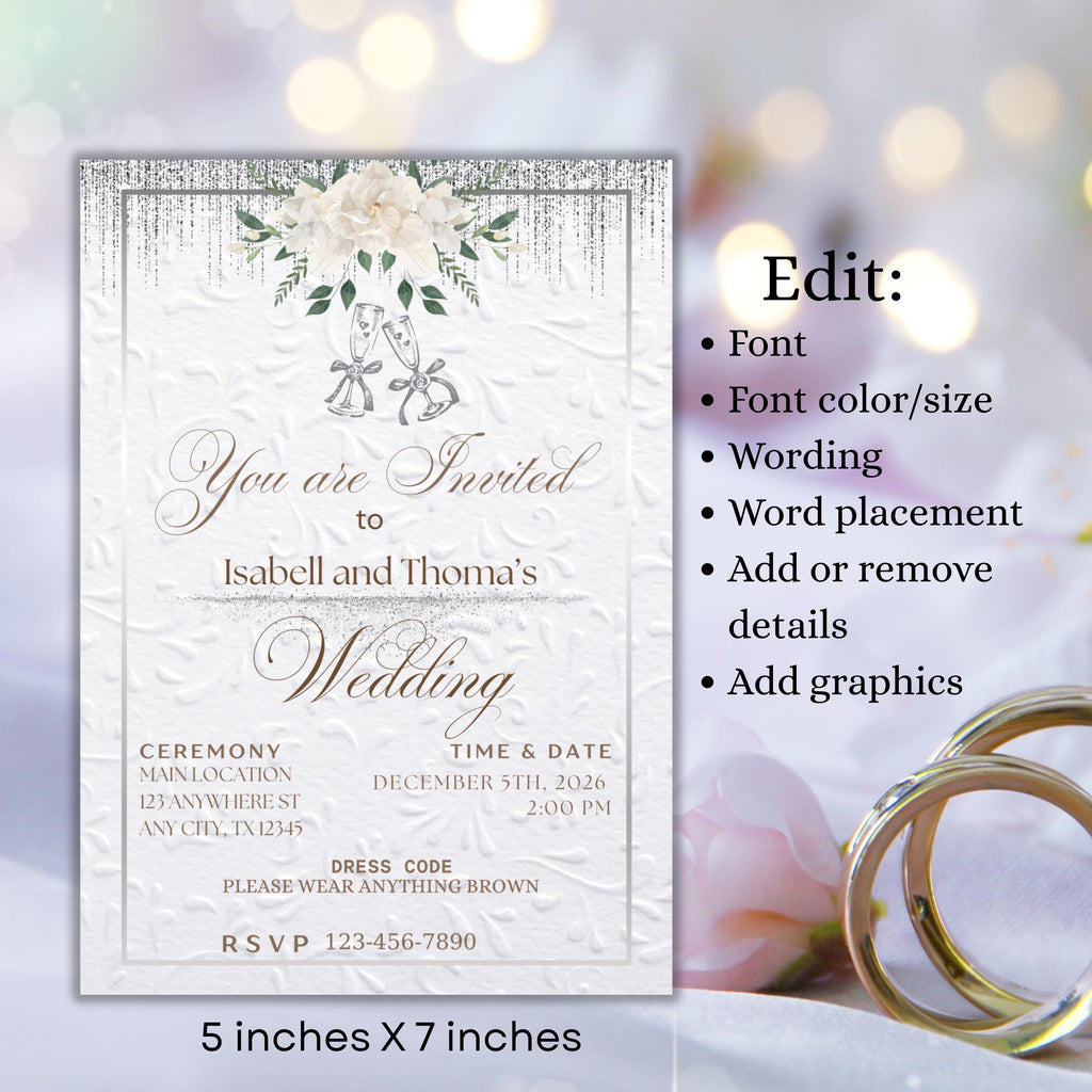 Wedding Invitation and Save the Date Set, White and Silver Elegant Invite, Digital Canva Template