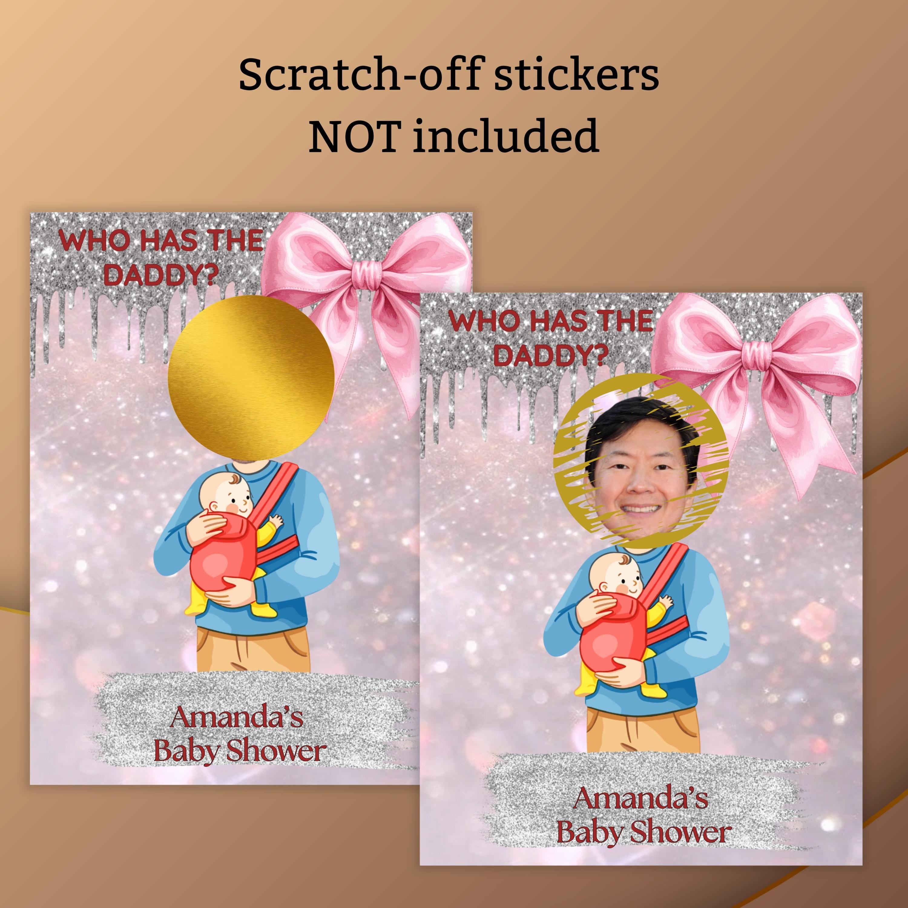 Digital Baby Shower Game, Who Has The Daddy, Coquette Pink and Silver Theme Scratch-Off Cards