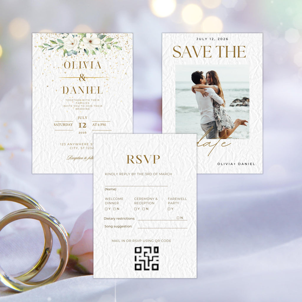 Minimalistic Wedding Invitation Bundle Template, Gold and White Elegant 5x7 Suite RSVP, Save The Date