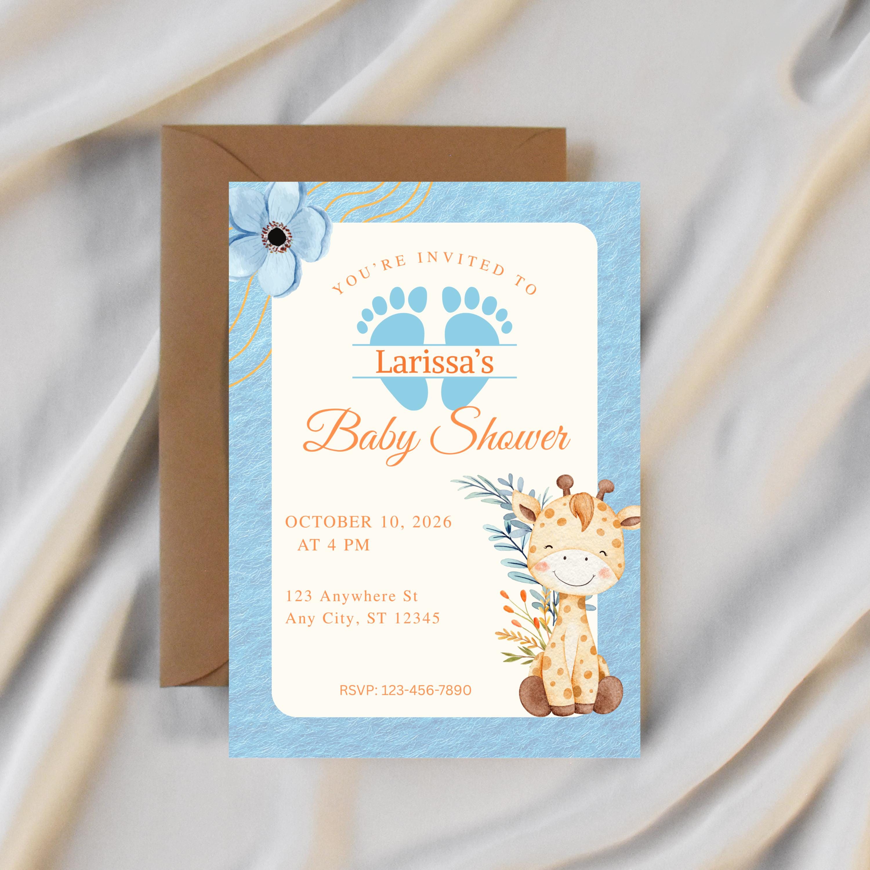 Editable Baby Shower Invitation, Blue Floral Boy Invite, Canva Personalized Template, Digital Download
