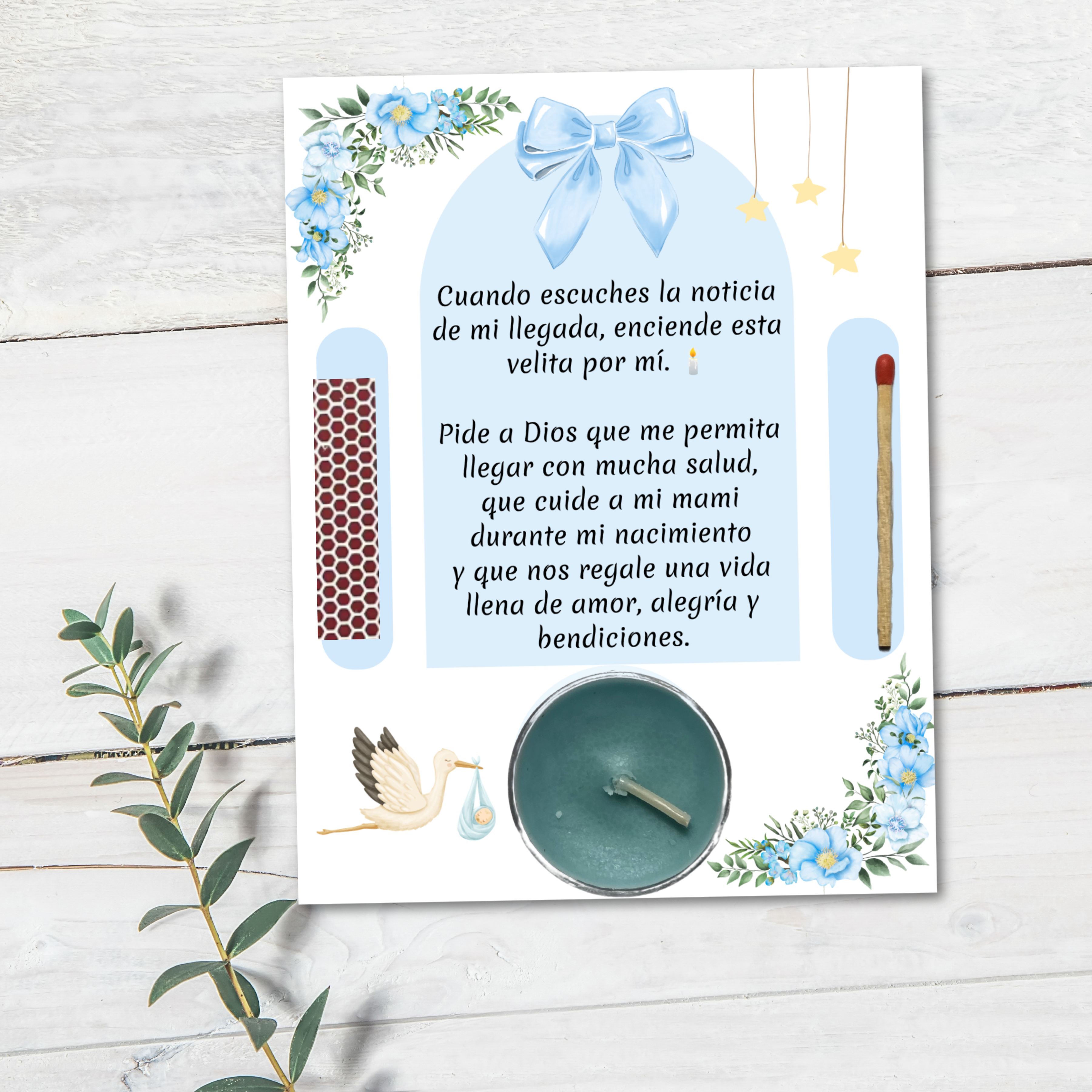 Blue Baby Shower Prayer Candle Favor | Spanish Baby Boy Party Favor