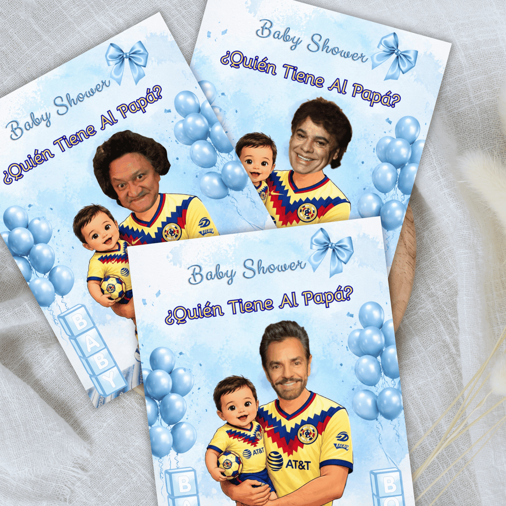 Baby Shower Game Quien Tiene Al Papa Featuring El America Soccer Jersey, Blue Cards For Boy Baby Shower, Who Has The Dad Spanish Scratch off Game