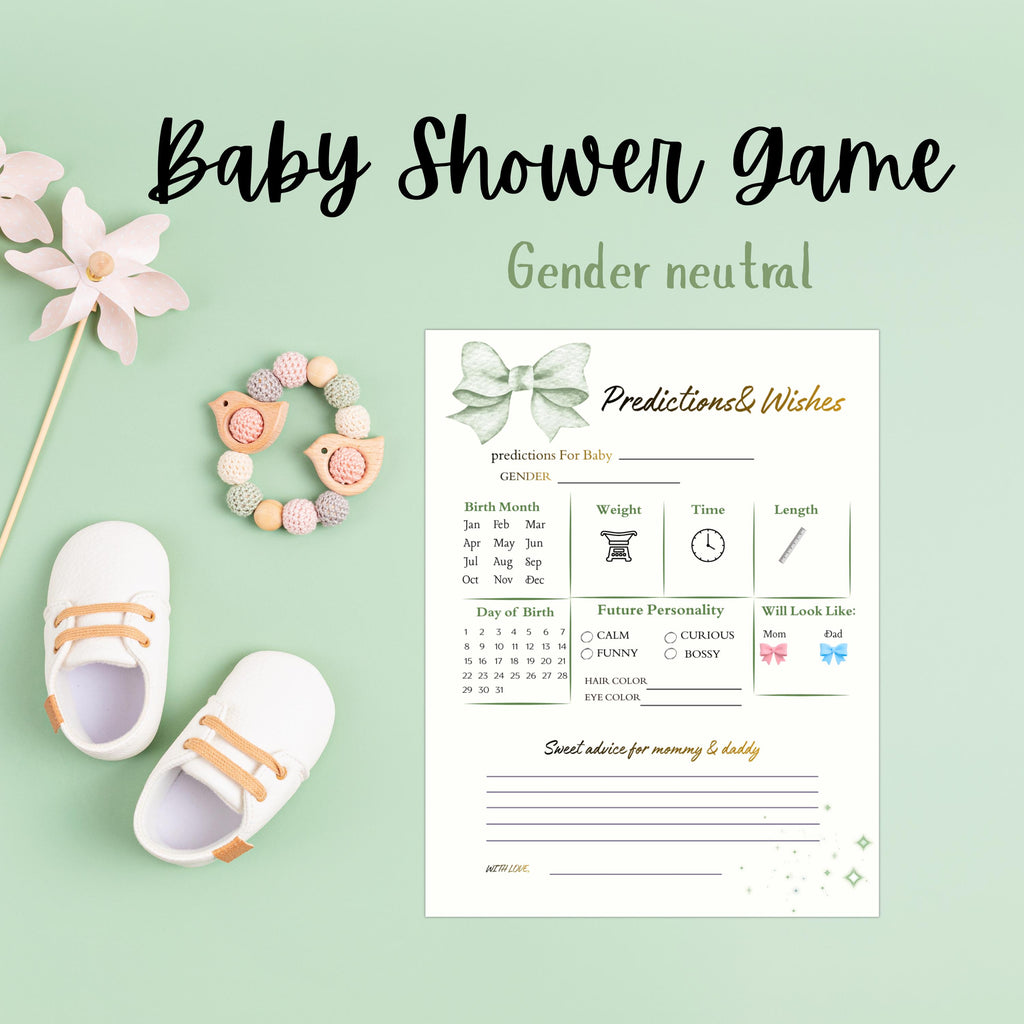 Baby Shower Prediction And Wishes Card, Boho Gender Neutral, Green Printable Cards, Digital Download