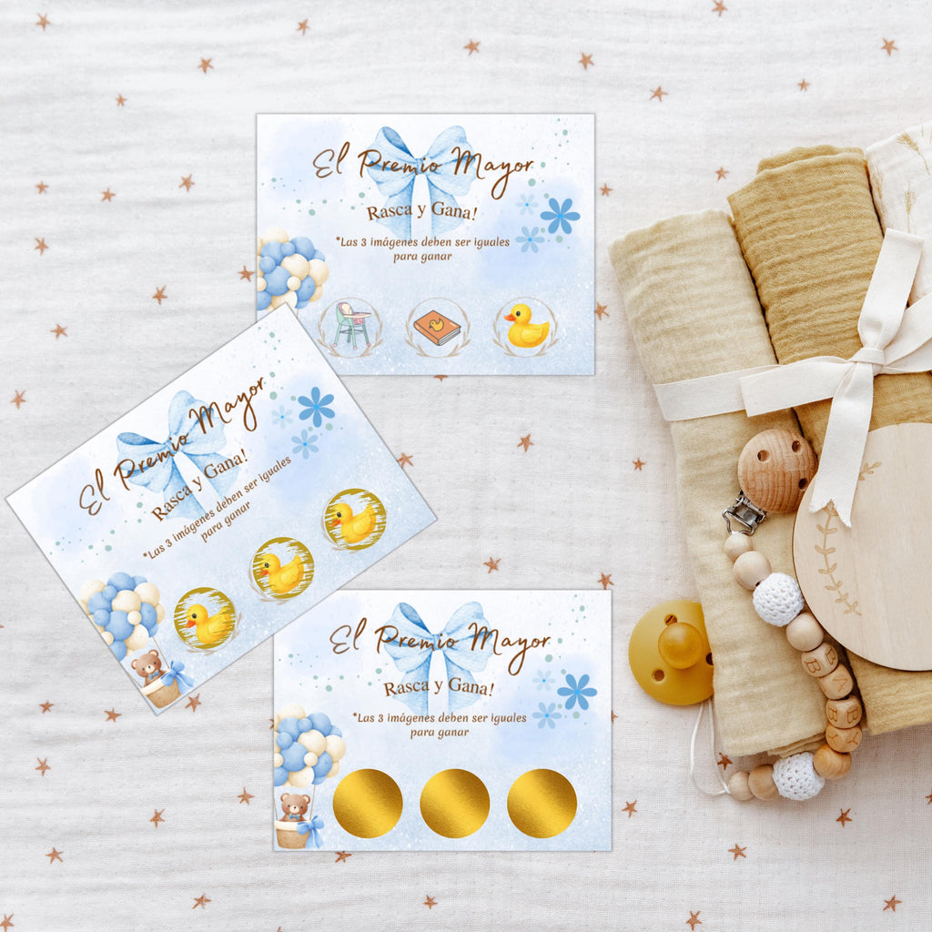 Spanish Baby Shower Jackpot, El Premio Mayor Scratch-Off Cards, Blue Baby Boy Party Game