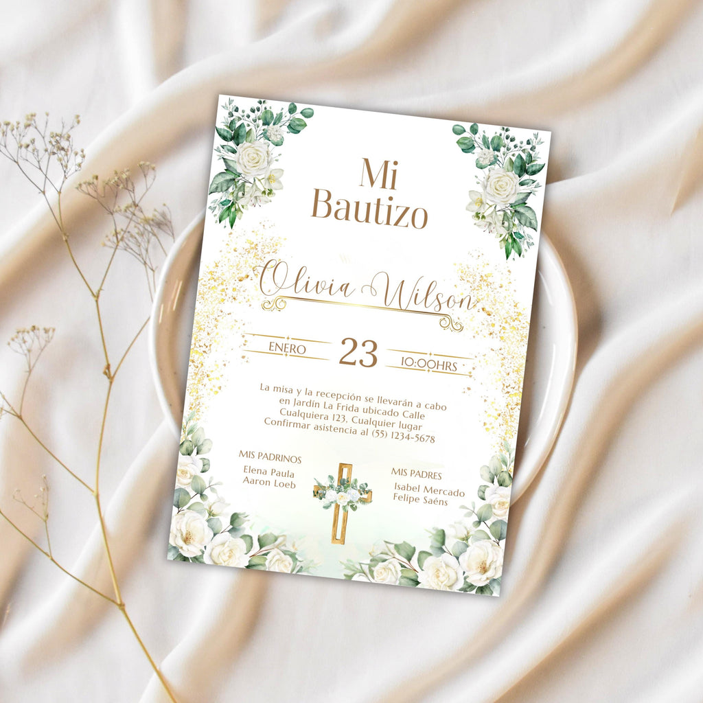Baptism Invitation, Invitacion de Bautizo, Floral Boho Elegant Invitation for Religious Event