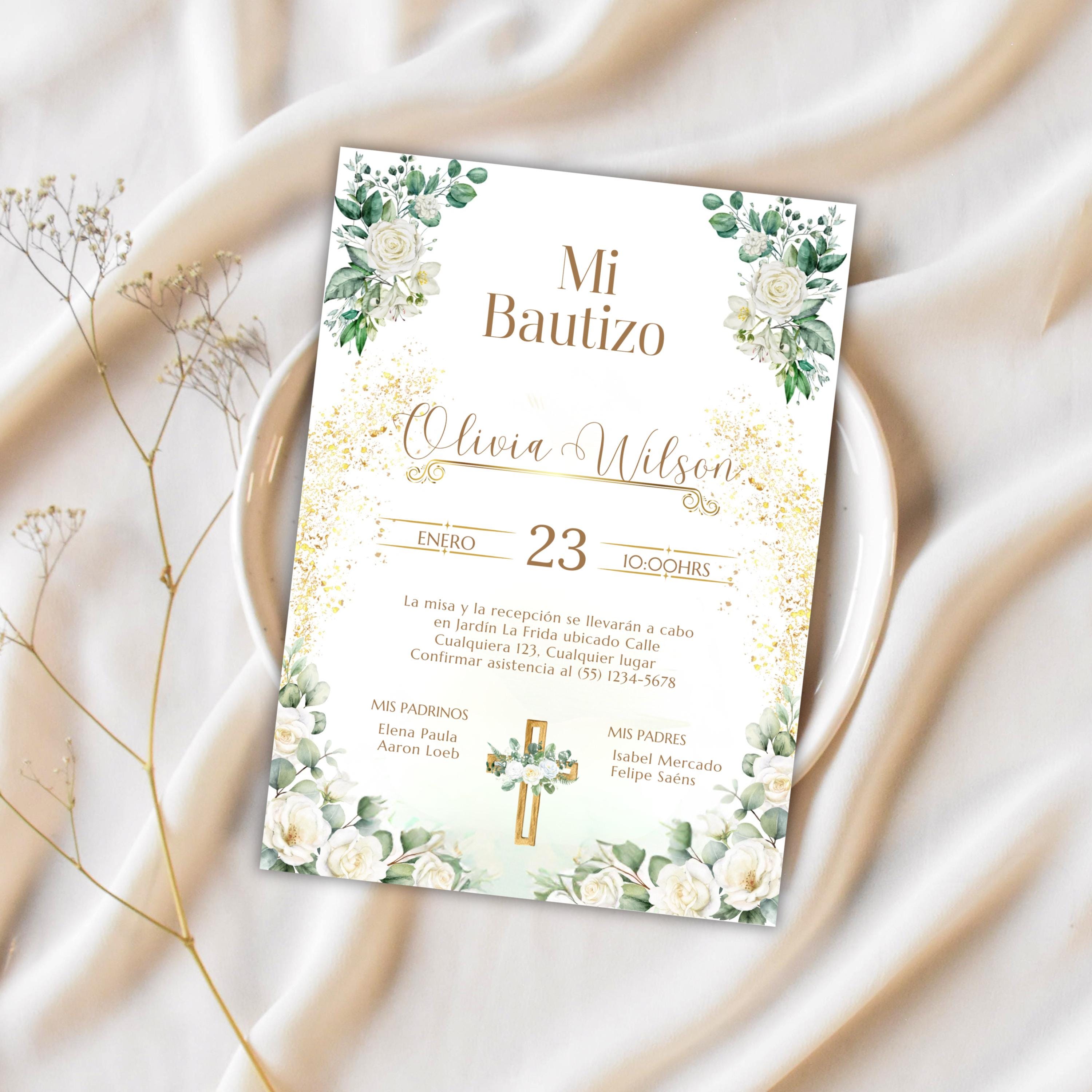 Baptism Invitation, Invitacion de Bautizo, Floral Boho Elegant Invitation for Religious Event