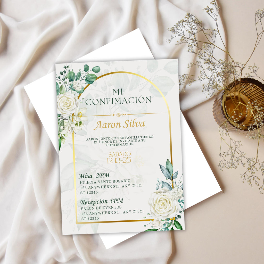 Boho Floral Confirmation Invitation, Editable Spanish Catholic Digital Invite For Baptism, Wedding, Communion