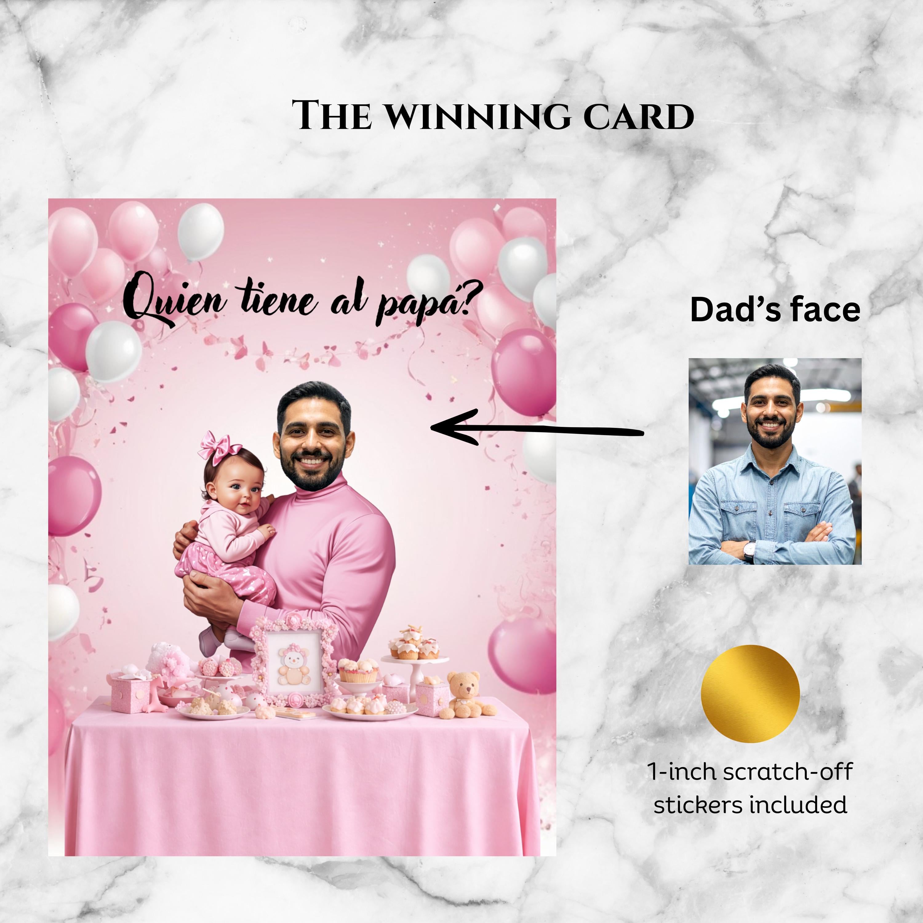 Spanish Baby Shower Game, Pink "¿Quién Tiene al Papá?" Scratch Off Cards