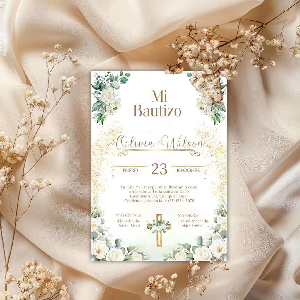 Baptism Invitation, Invitacion de Bautizo, Floral Boho Elegant Invitation for Religious Event