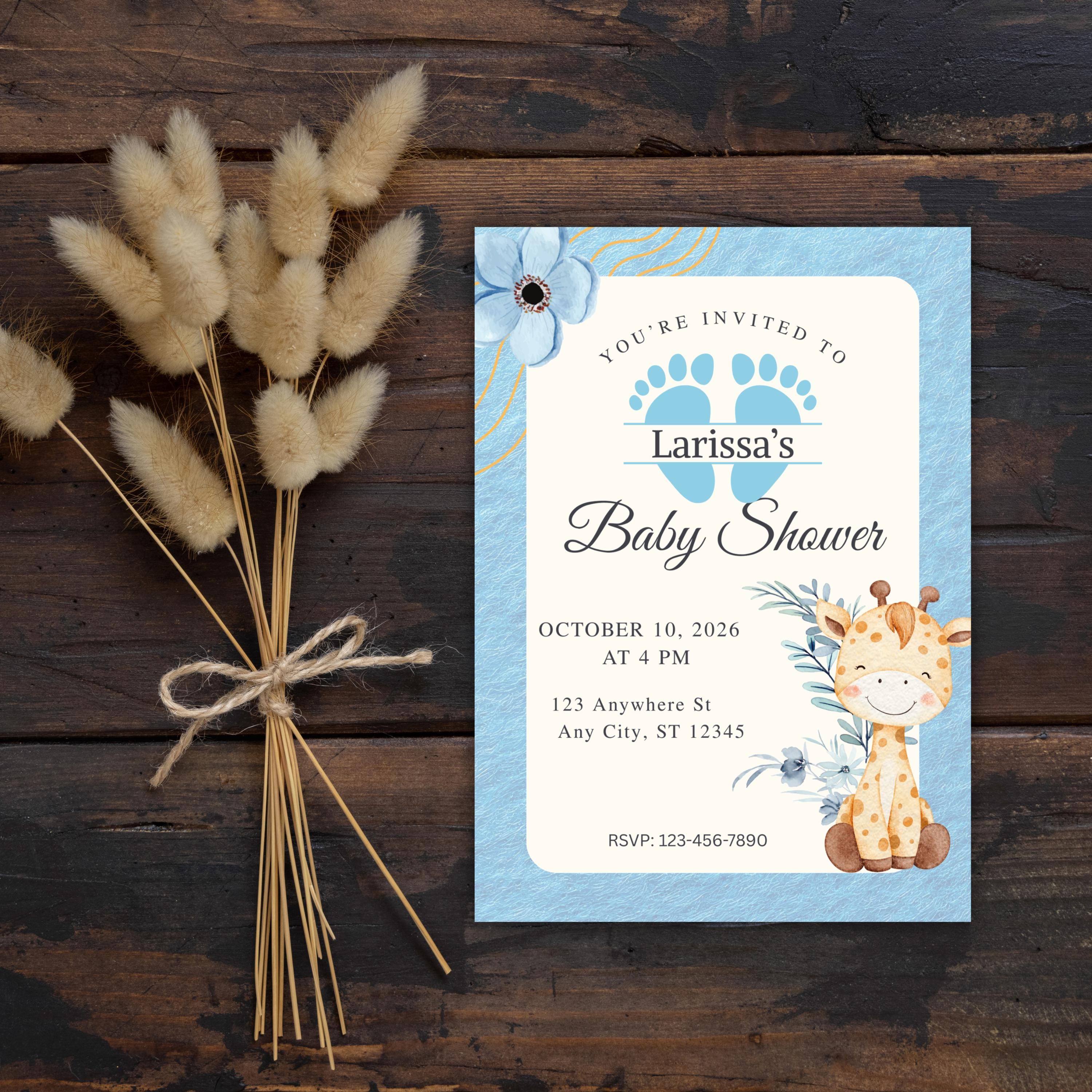 Editable Baby Shower Invitation, Blue Floral Boy Invite, Canva Personalized Template, Digital Download