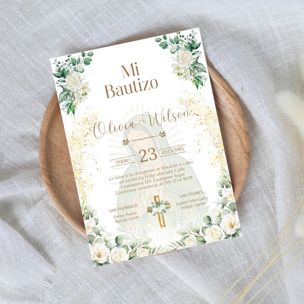 Invitacio de Bautizo Para Nina o Nino, Virgen de Guadalupe Boho Floral Invite Design