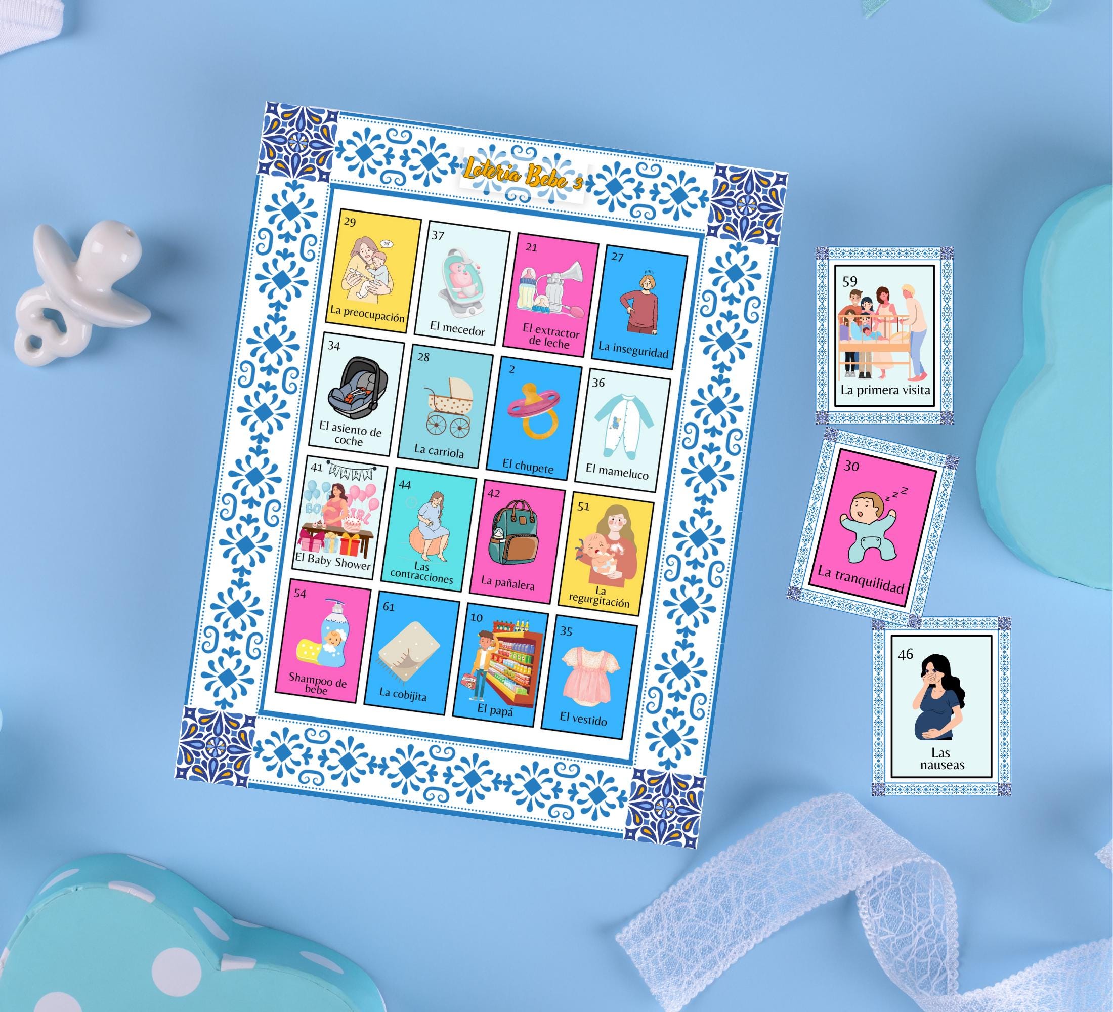 Talavera Baby Shower Loteria Game: Mexican Theme, Blue Design (PDF Downloadable Cards and Boards)