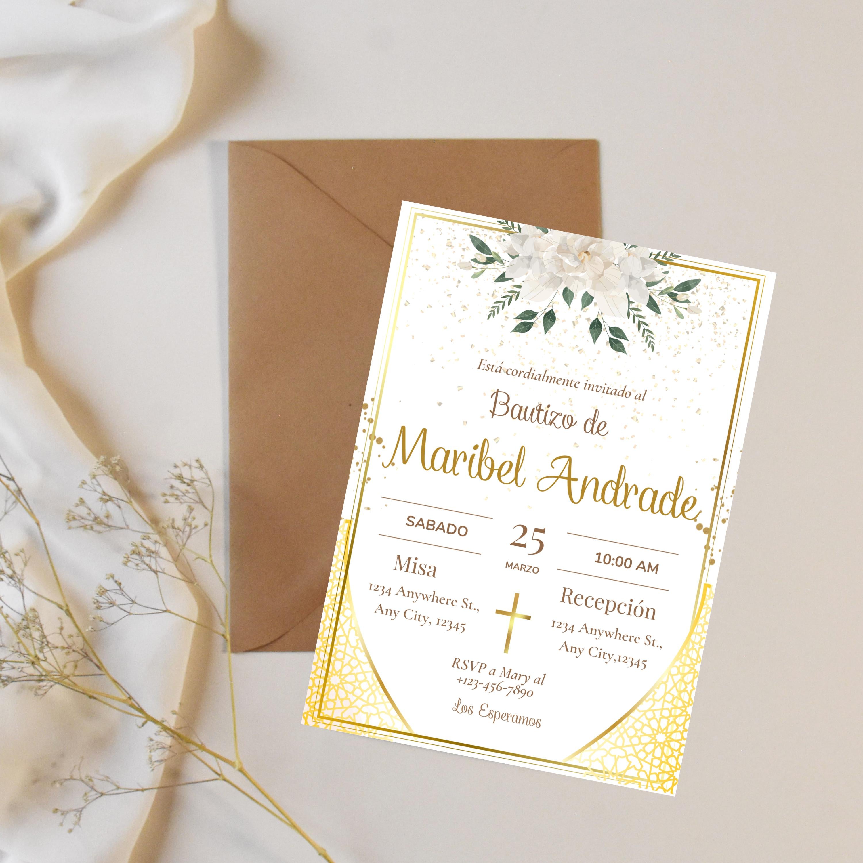 Baptism Gold Spanish Invitation Template, Elegant Mi Bautizo 5x7 Digital Invite, Printable Christening Invitation