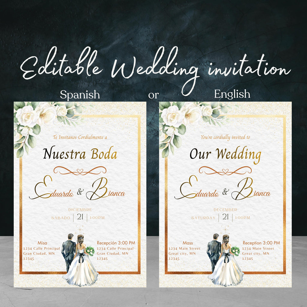 Spanish/English Elegant Wedding Invitation, Gold Floral Boho design, Bilingual Editable Digital Invite
