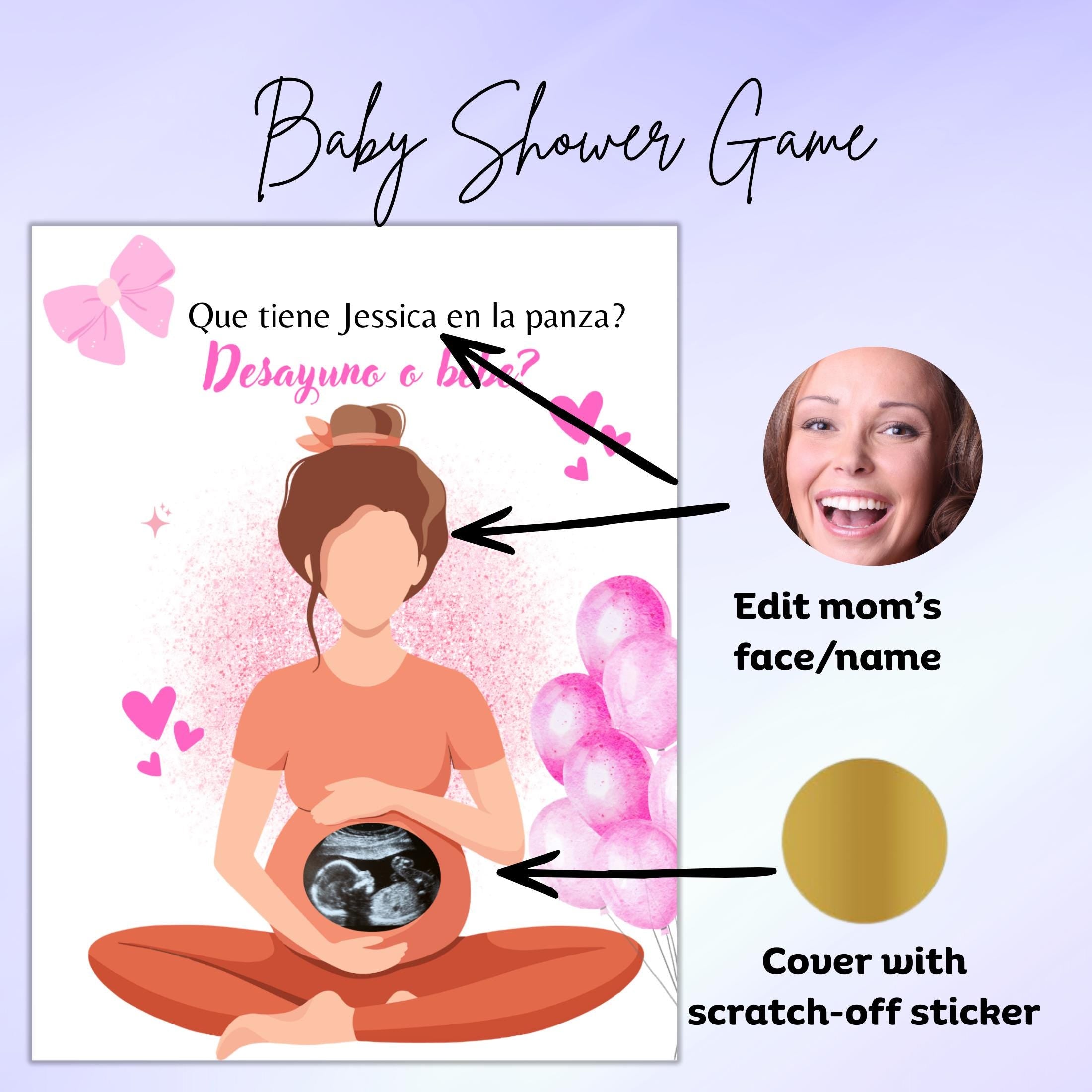 Spanish Baby Shower Game, Bebé o Desayuno, Quien Tiene al Bebe Pink scratch off cards