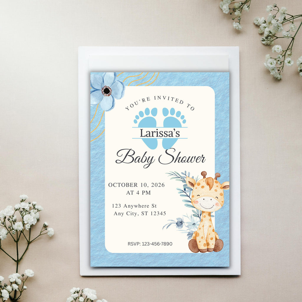 Editable Baby Shower Invitation, Blue Floral Boy Invite, Canva Personalized Template, Digital Download