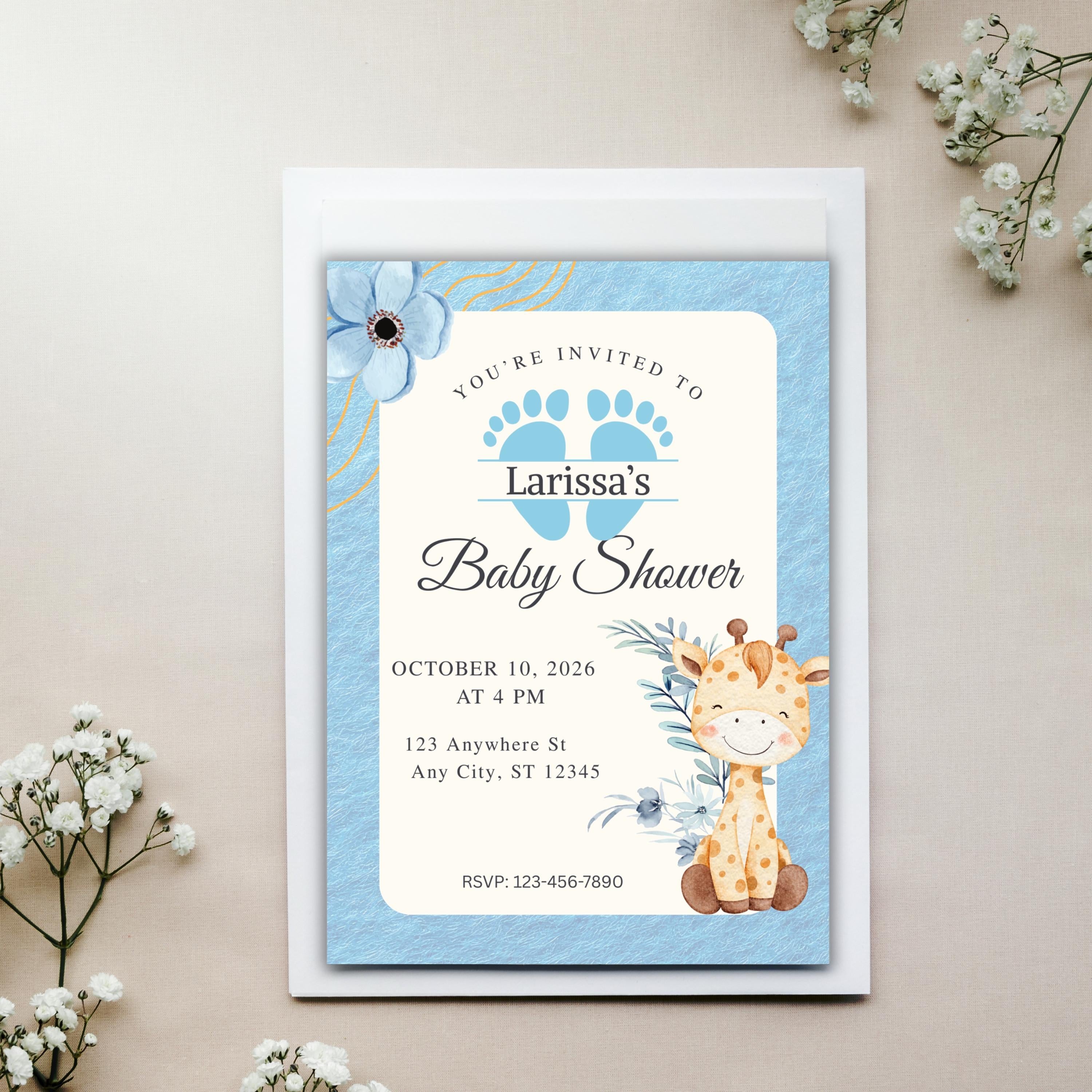 Editable Baby Shower Invitation, Blue Floral Boy Invite, Canva Personalized Template, Digital Download