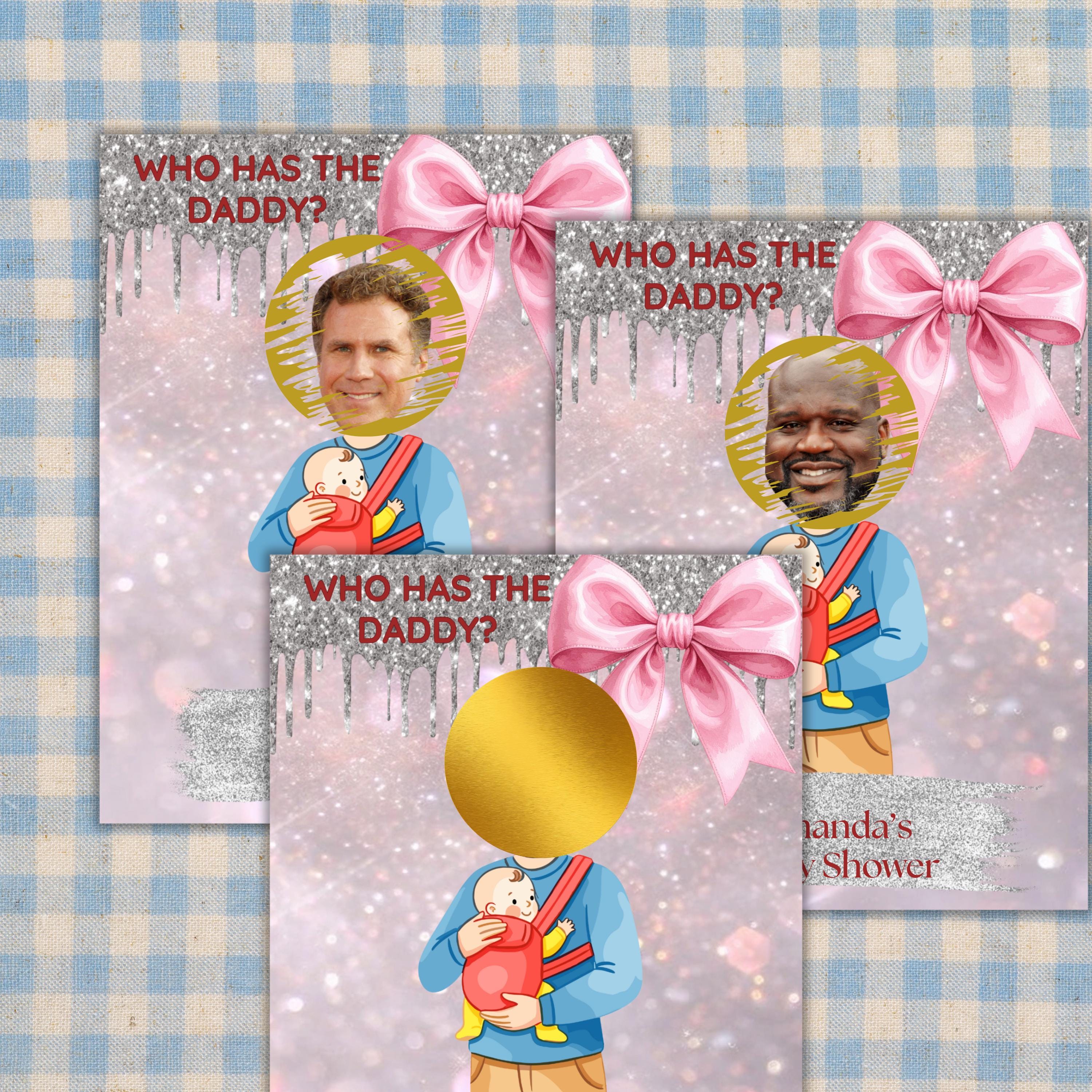 Digital Baby Shower Game, Who Has The Daddy, Coquette Pink and Silver Theme Scratch-Off Cards