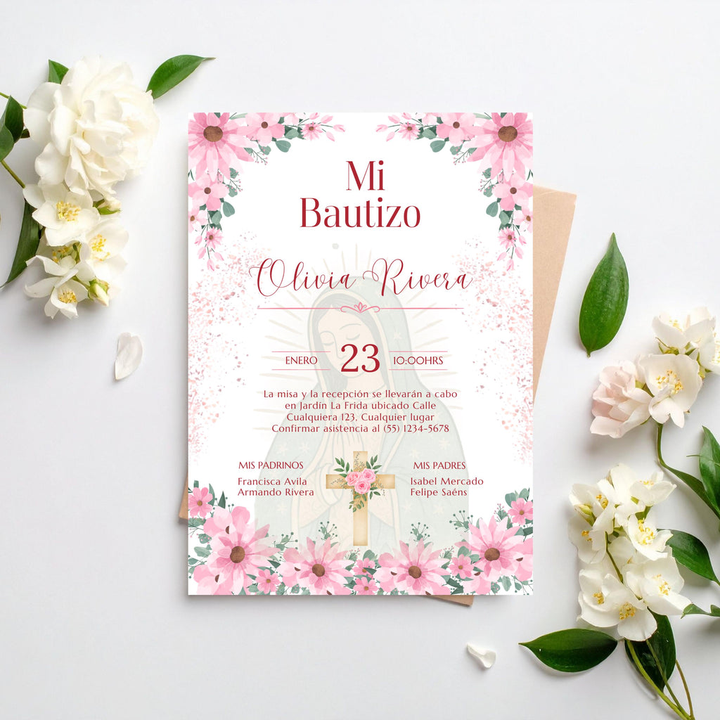 Editable Spanish Baptism Invitation Template, Mi Bautizo Pink Floral Invite, Virgen de Guadalupe