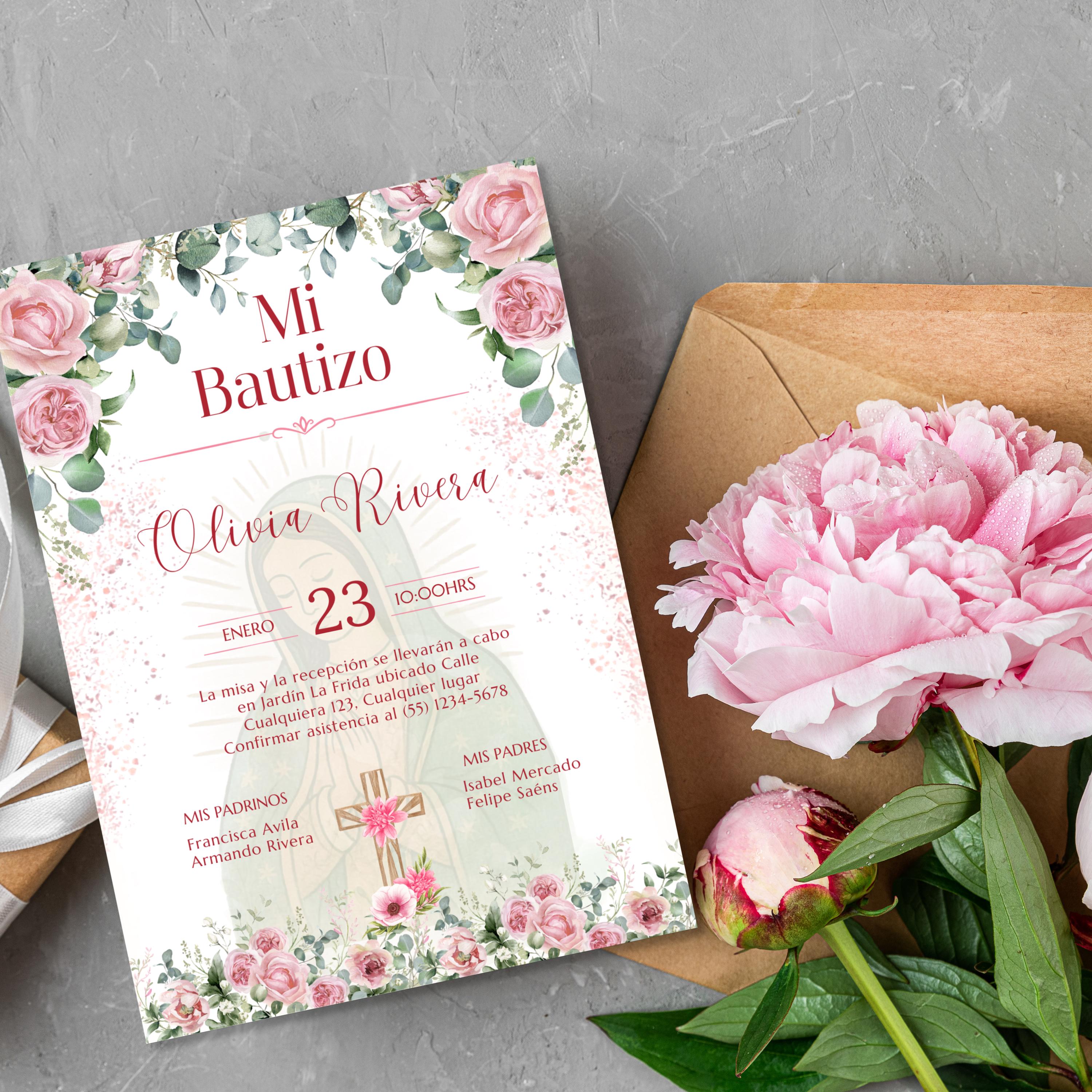 Pink Floral Spanish Baptism Invitation, Editable Elegant Christening Template, Pink Roses Invite For Girl