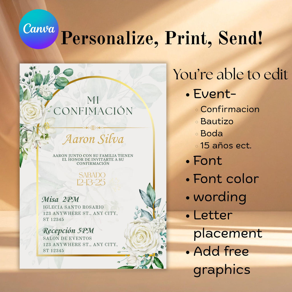 Boho Floral Confirmation Invitation, Editable Spanish Catholic Digital Invite For Baptism, Wedding, Communion