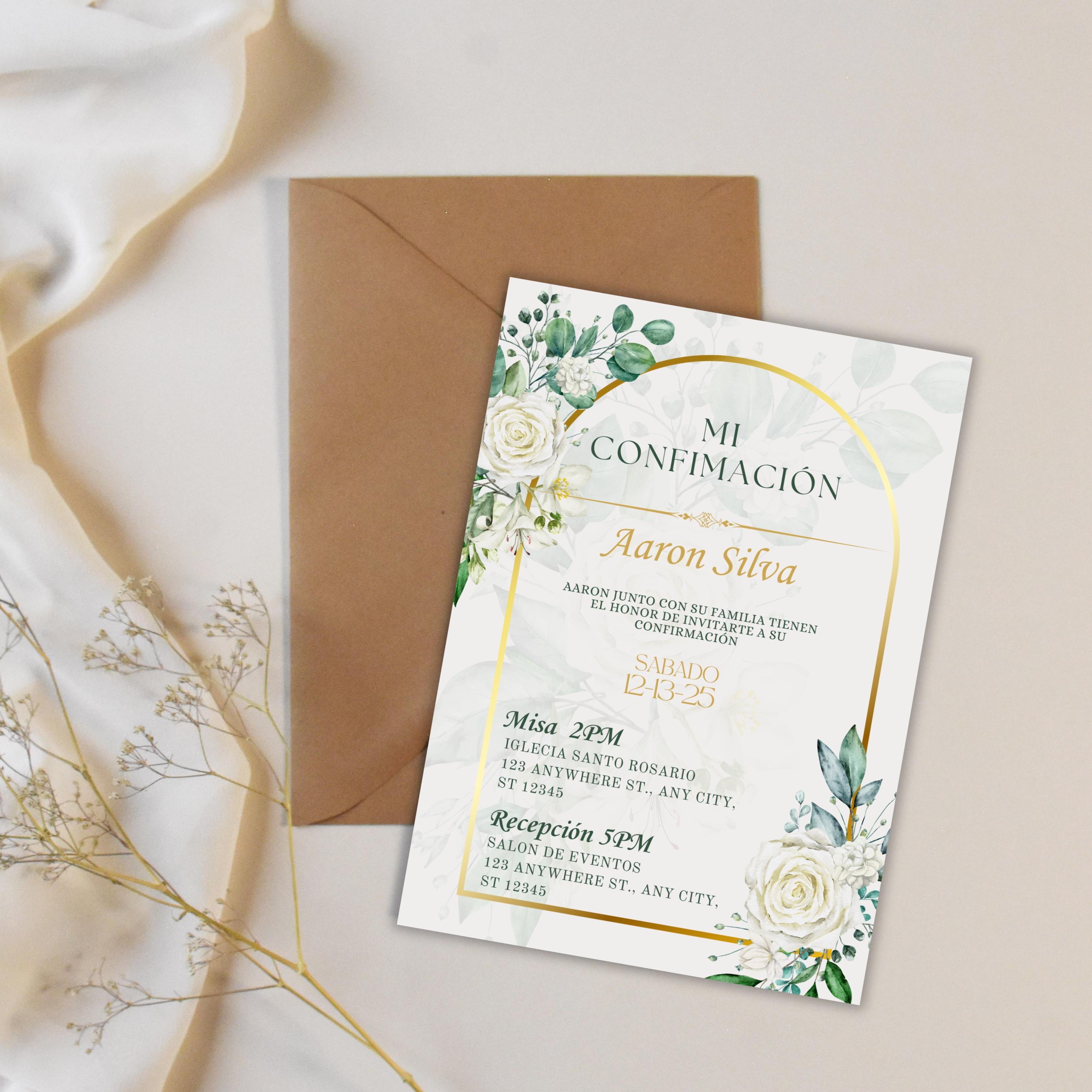 Boho Floral Confirmation Invitation, Editable Spanish Catholic Digital Invite For Baptism, Wedding, Communion