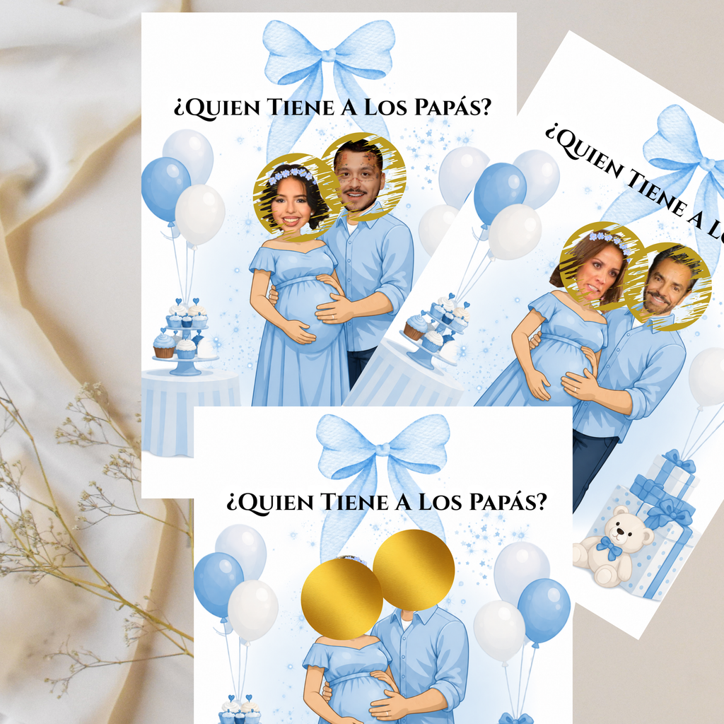 Quien Tiene A Los Papás? Spanish Baby Shower Game, Blue Scratch Cards For Baby Boy Game, Find The Parents Game