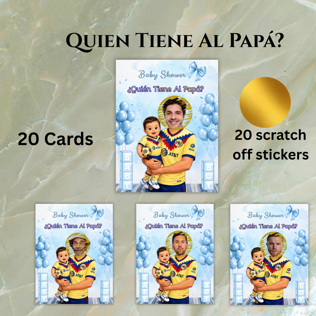 Baby Shower Game Quien Tiene Al Papa Featuring El America Soccer Jersey, Blue Cards For Boy Baby Shower, Who Has The Dad Spanish Scratch off Game