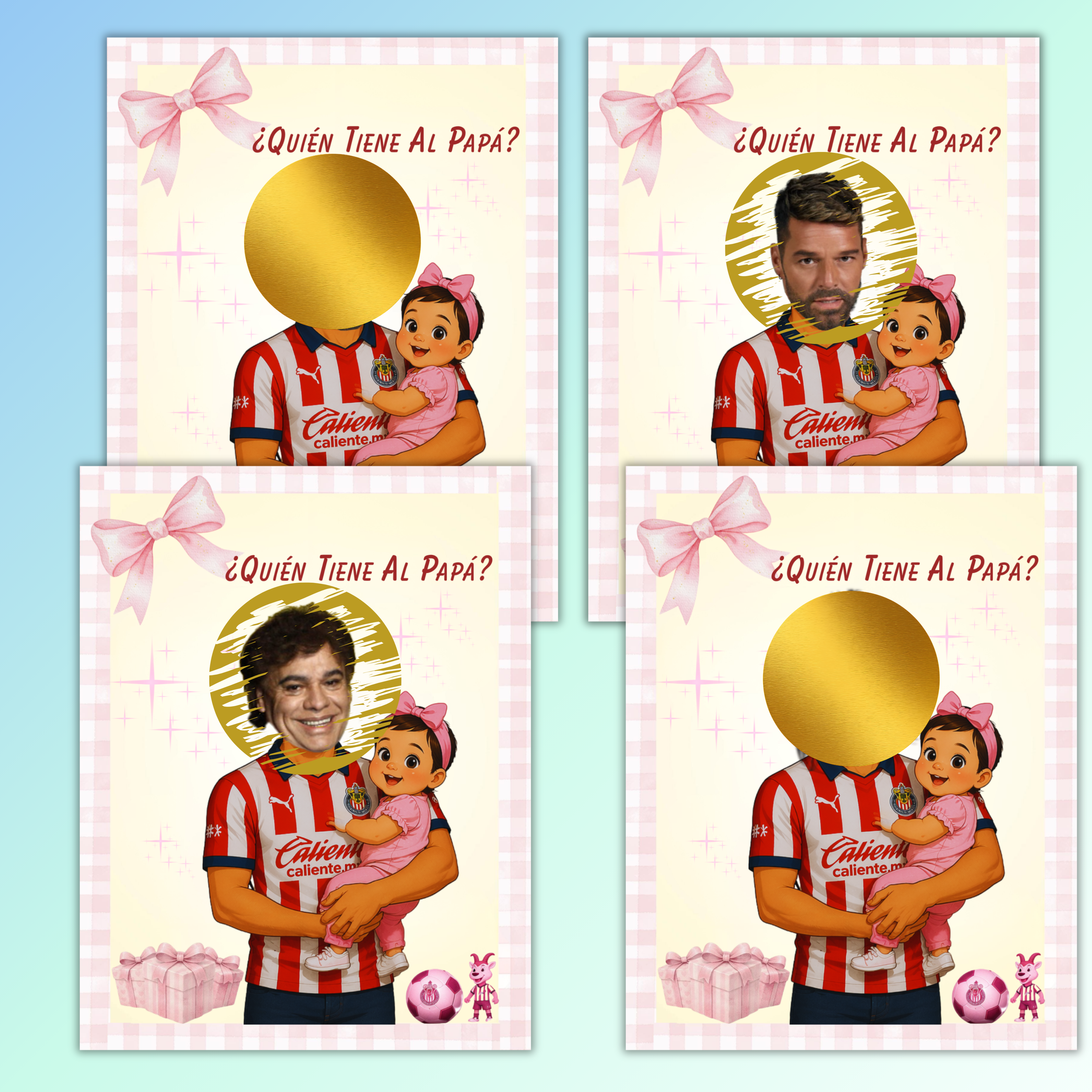Quien Tiene al Papá Las Chivas Theme Baby Shower Game, Pink and Yellow Who Has The Dad Spanish Scratch Off Cards For Baby Girl Shower