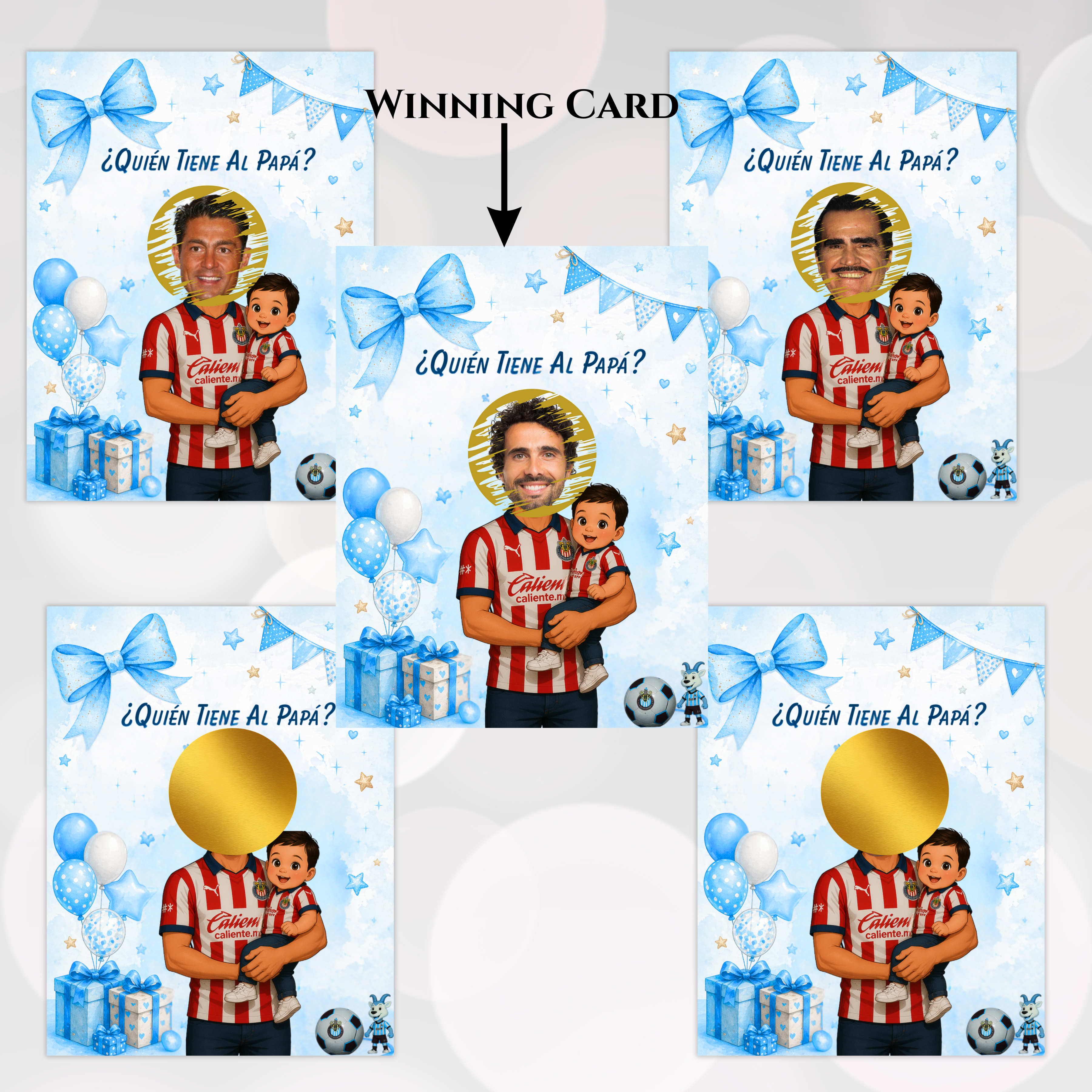 Quien Tiene Al Papa, Baby Shower Game For Boy Featuring Las Chivas Soccer Jersey, Who Has The Dad Blue Scratch Off Cards For Soccer Fanatics