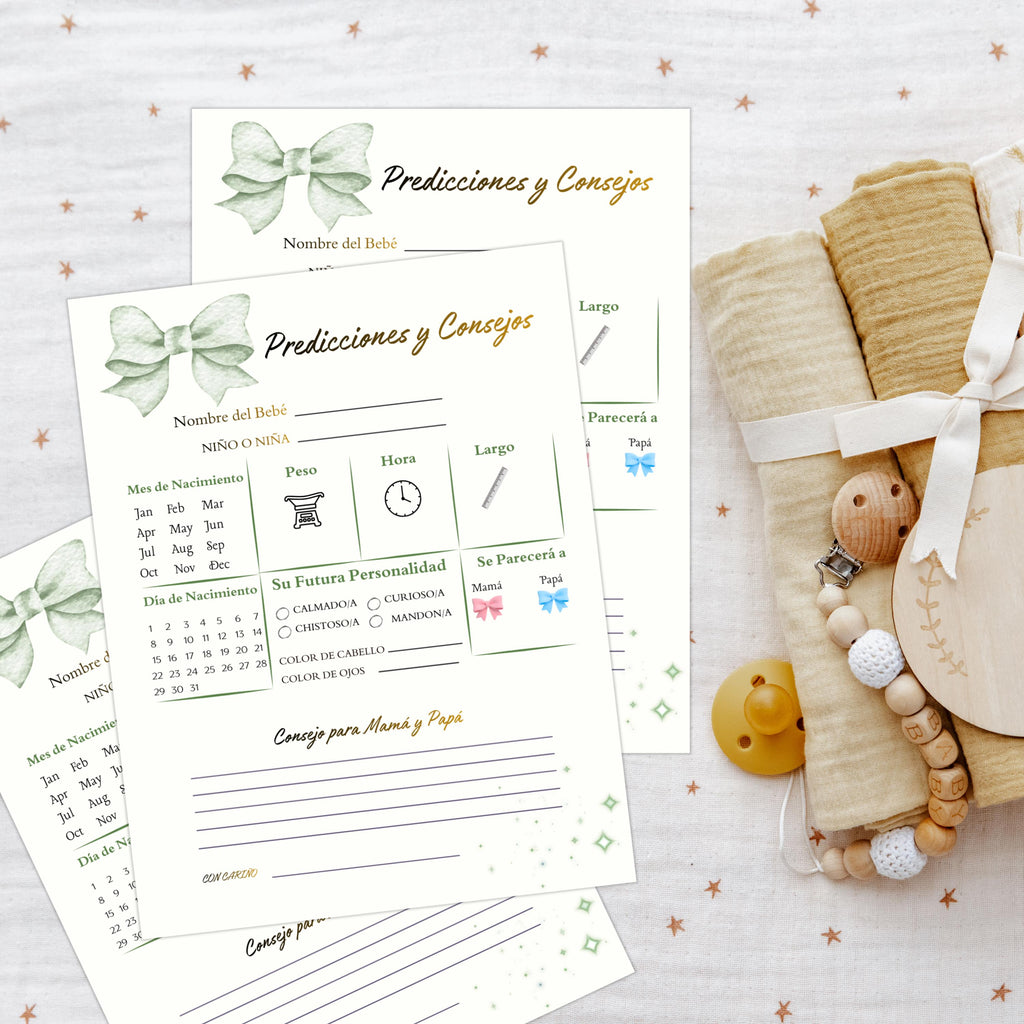 Spanish Baby Shower Prediction and Advice Card Printable, Gender Neutral Green Baby Activity Game